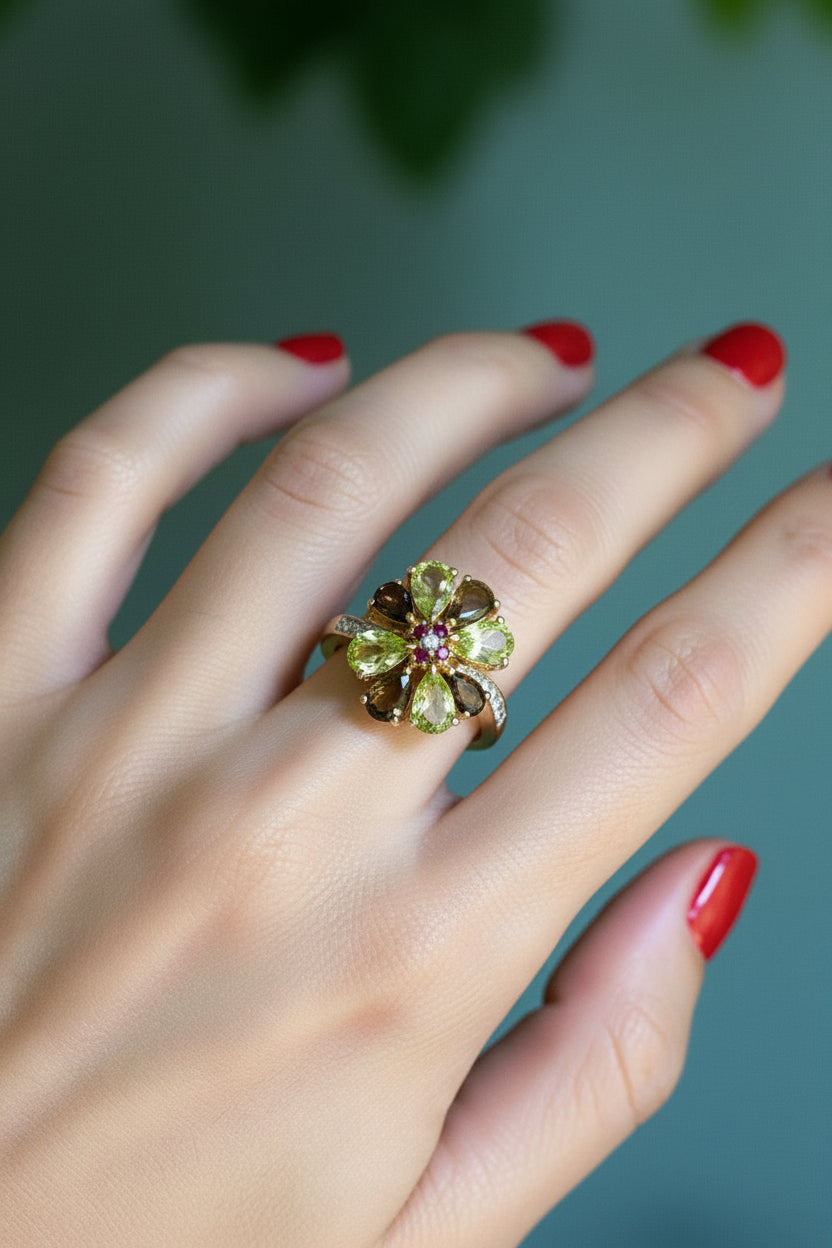 Unique Vintage Multi-Hue Citrine, Ruby and Diamond 10K Yellow Gold Ring