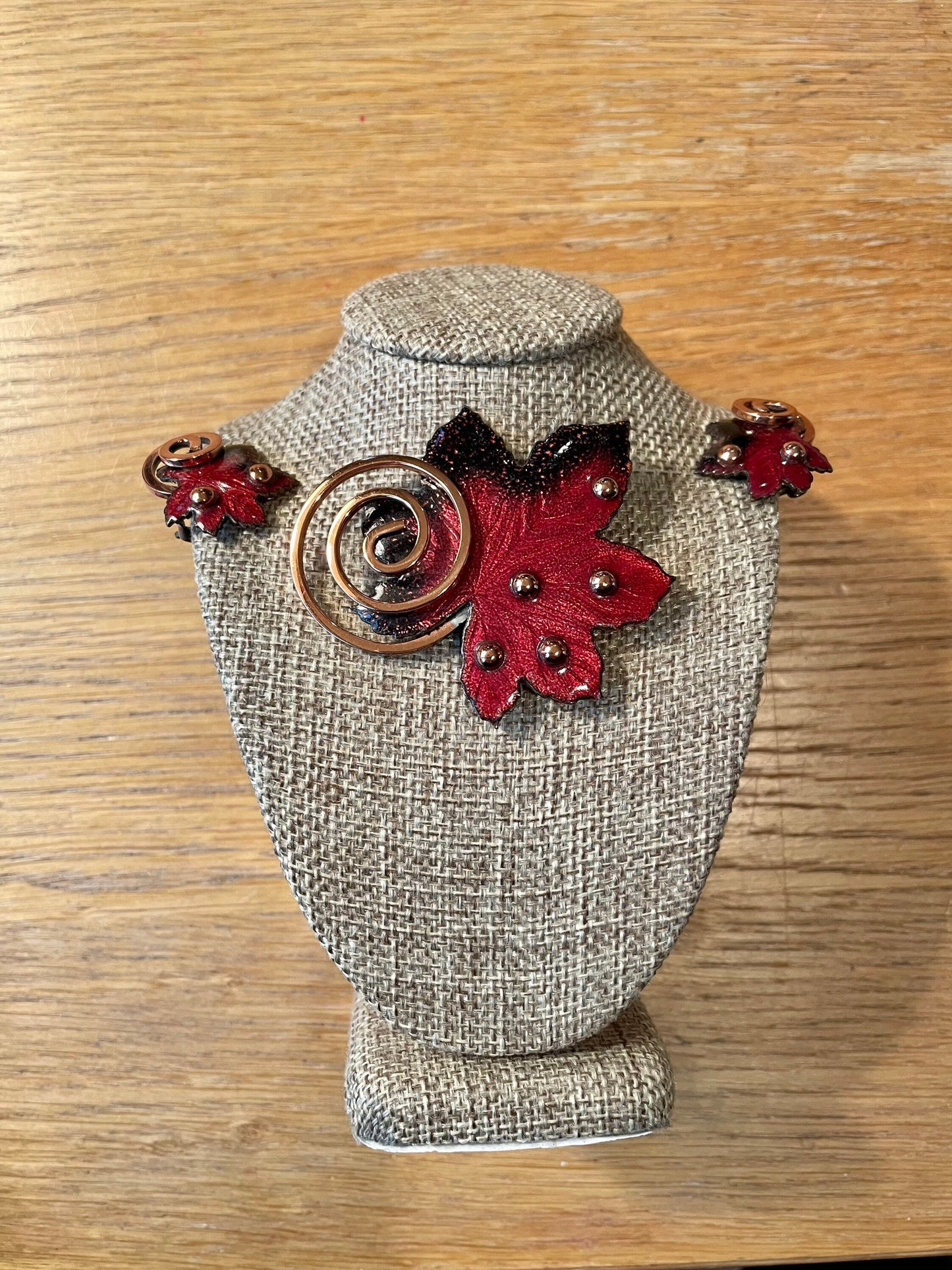 C1960 Matisse Enamel Copper Leaf Brooch and Clip Earrings