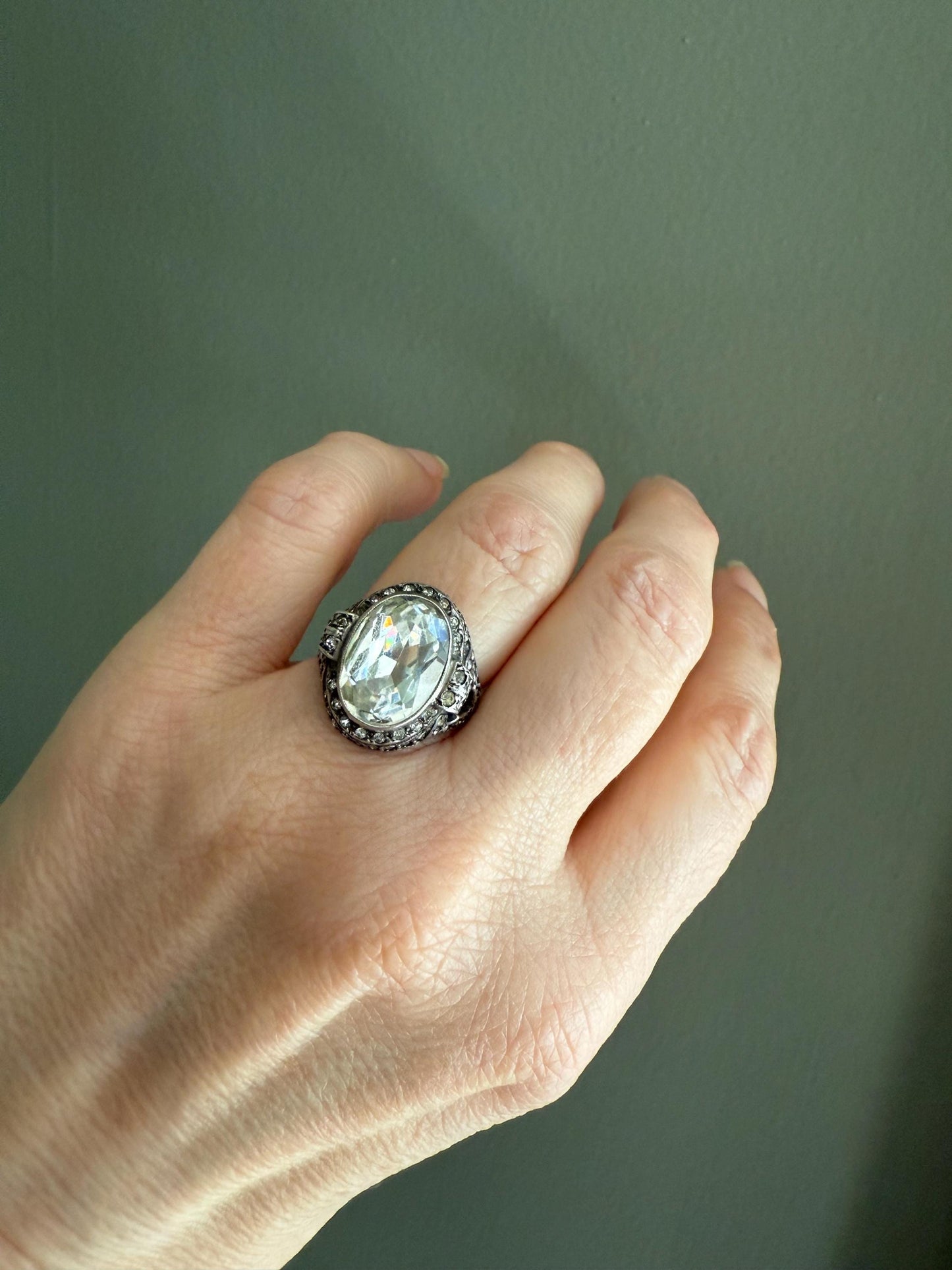 Art Deco Sterling Silver Oval Crystal Ring c1930