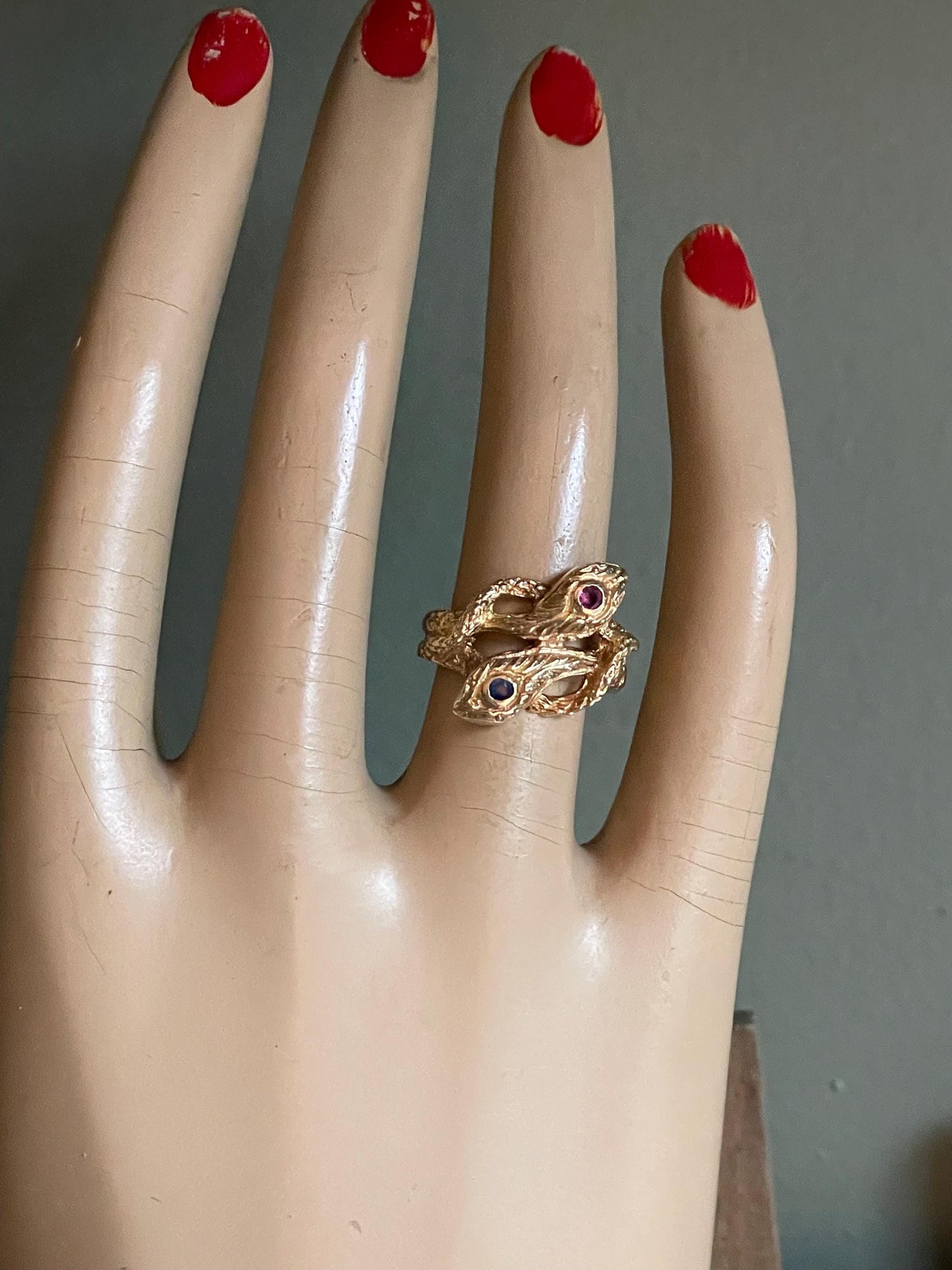 14k Yellow Gold Double Snake Ring with Sapphire and Ruby Set Heads