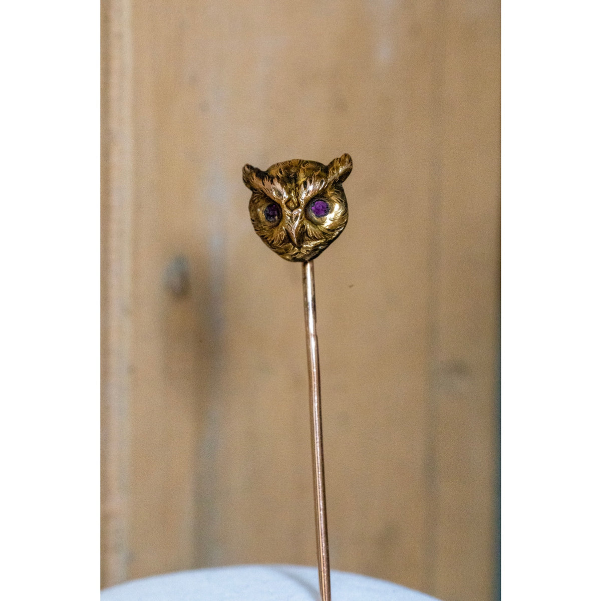 Antique Victorian 9- 10K Owl Stickpin with Bohemian Cut Garnet Eyes