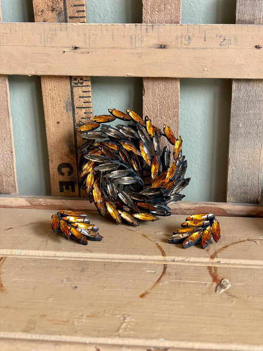 Chunky Vintage Austria Jappaned Citrine & Topaz Color Brooch Earrings