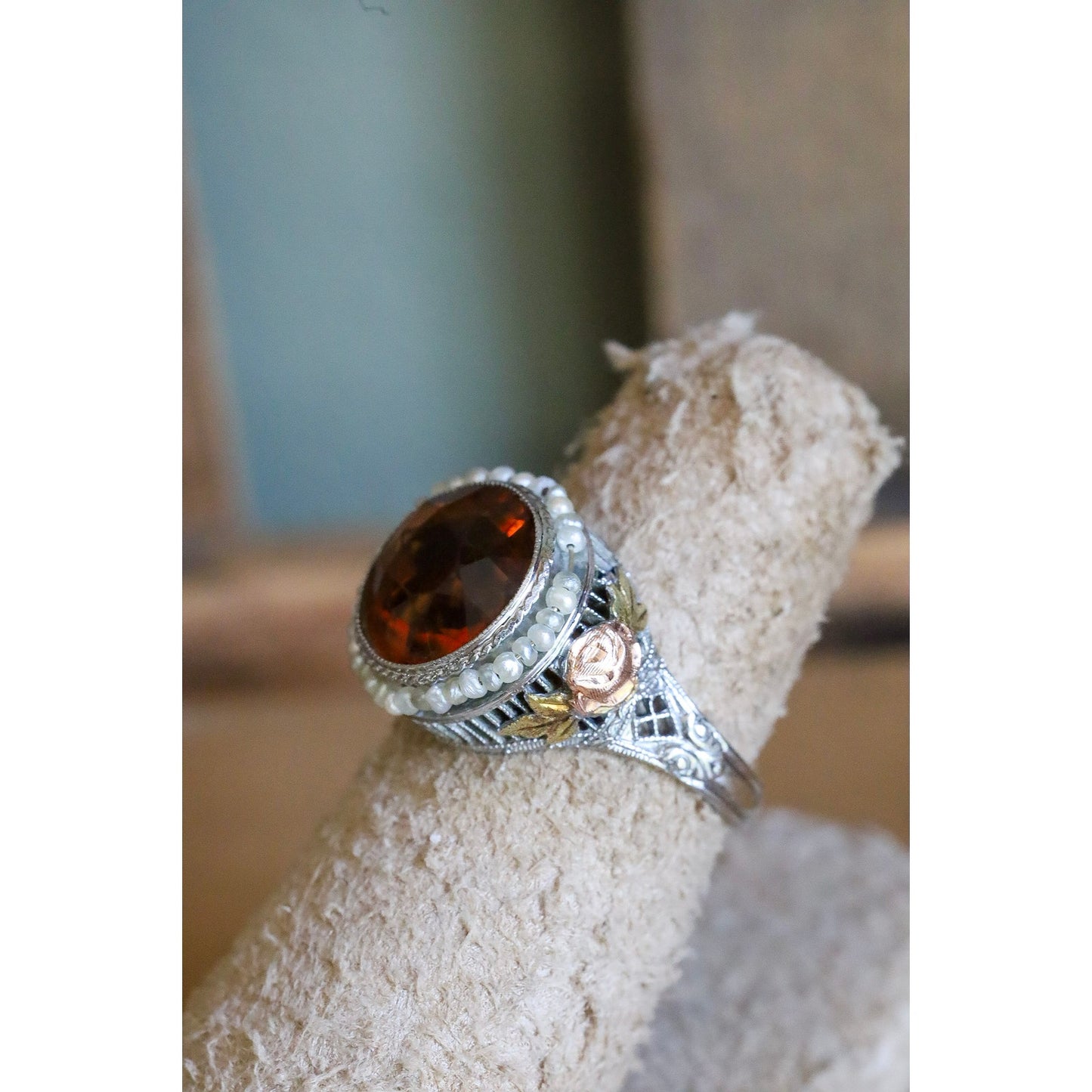 c1930 Art Deco 14K White, Rose, Green Gold Filigree Maderia Citrine and Seed Pearl Ring