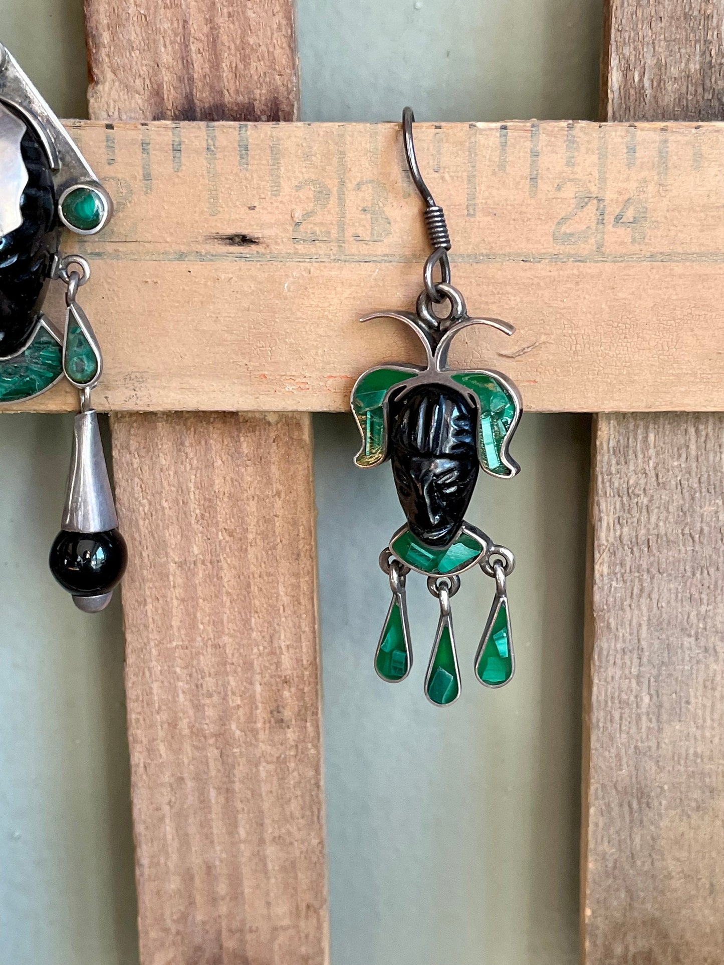 Matching Mexican Mask Sterling Silver Necklace and Earrings Onyx Malachite