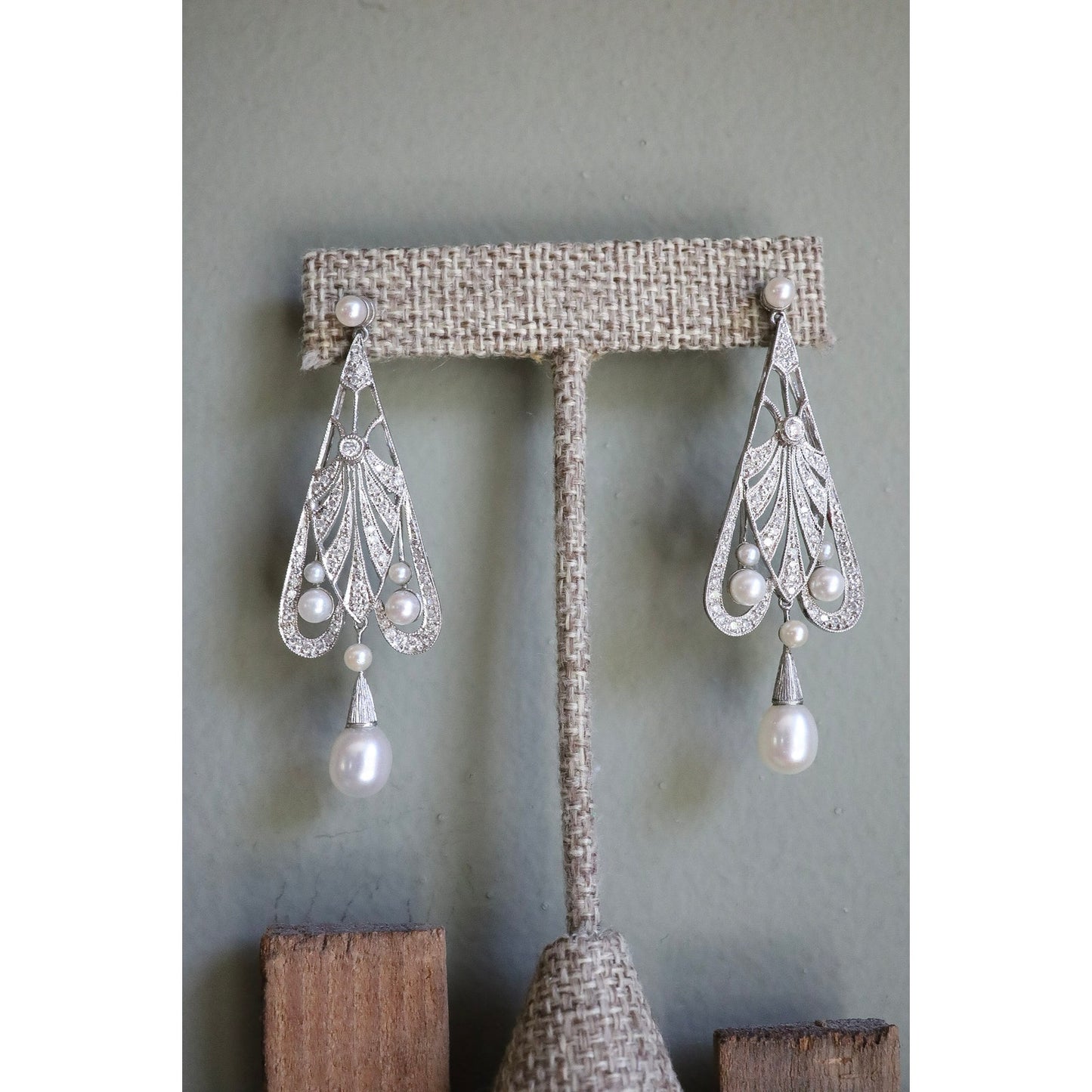 Fine Vintage Iridium Platinum Diamond and Salt Water Pearl Dangle Earrings