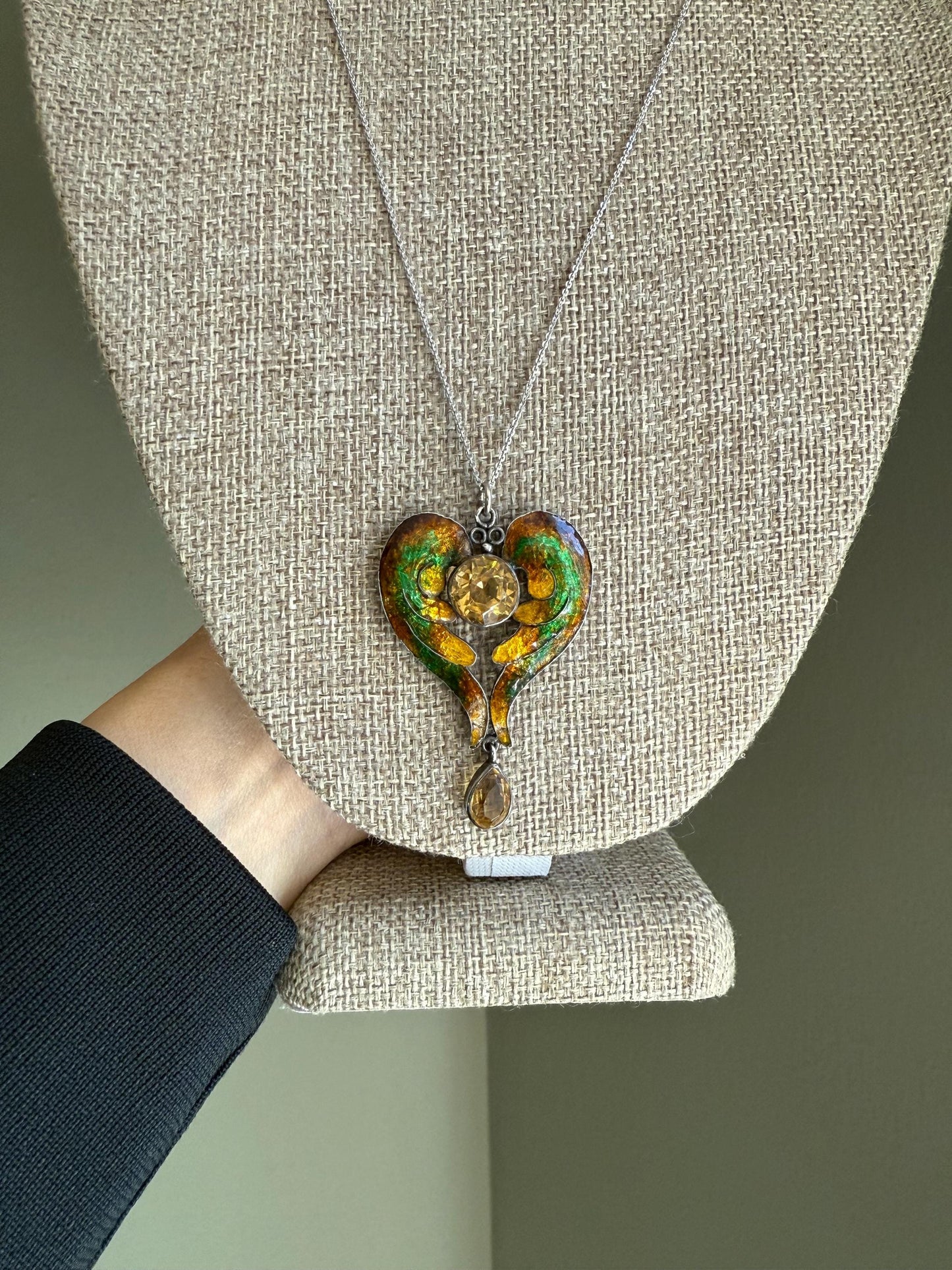 An Antique Arts and Crafts Handmade Silver Enamel Wings Citrine Pendant