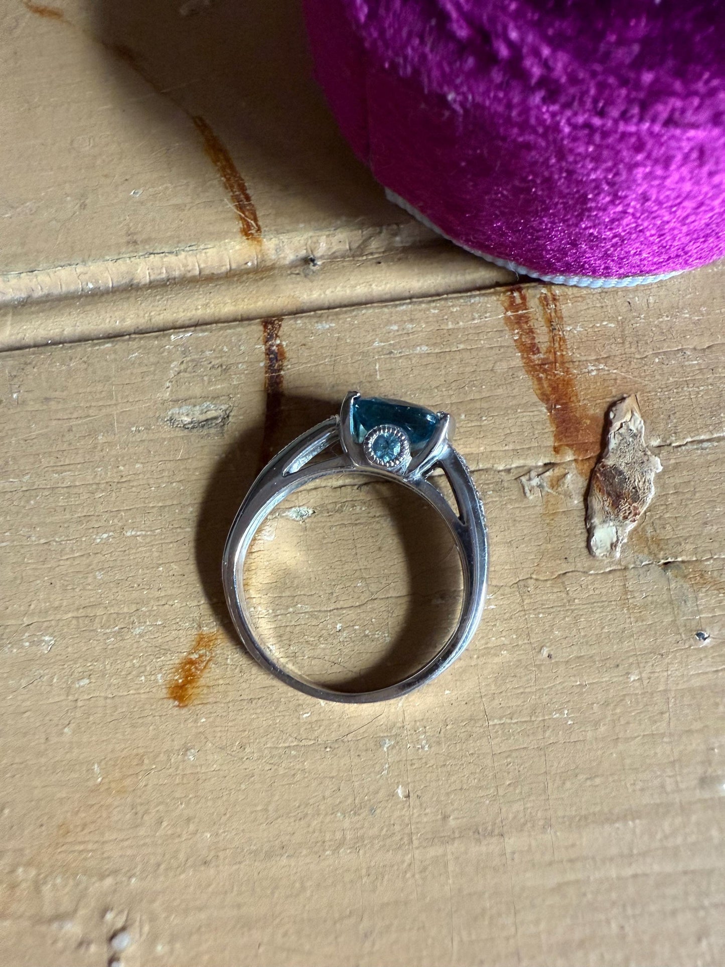 Vintage 10K White Gold Cushion Cut Blue Topaz and Diamond Ring