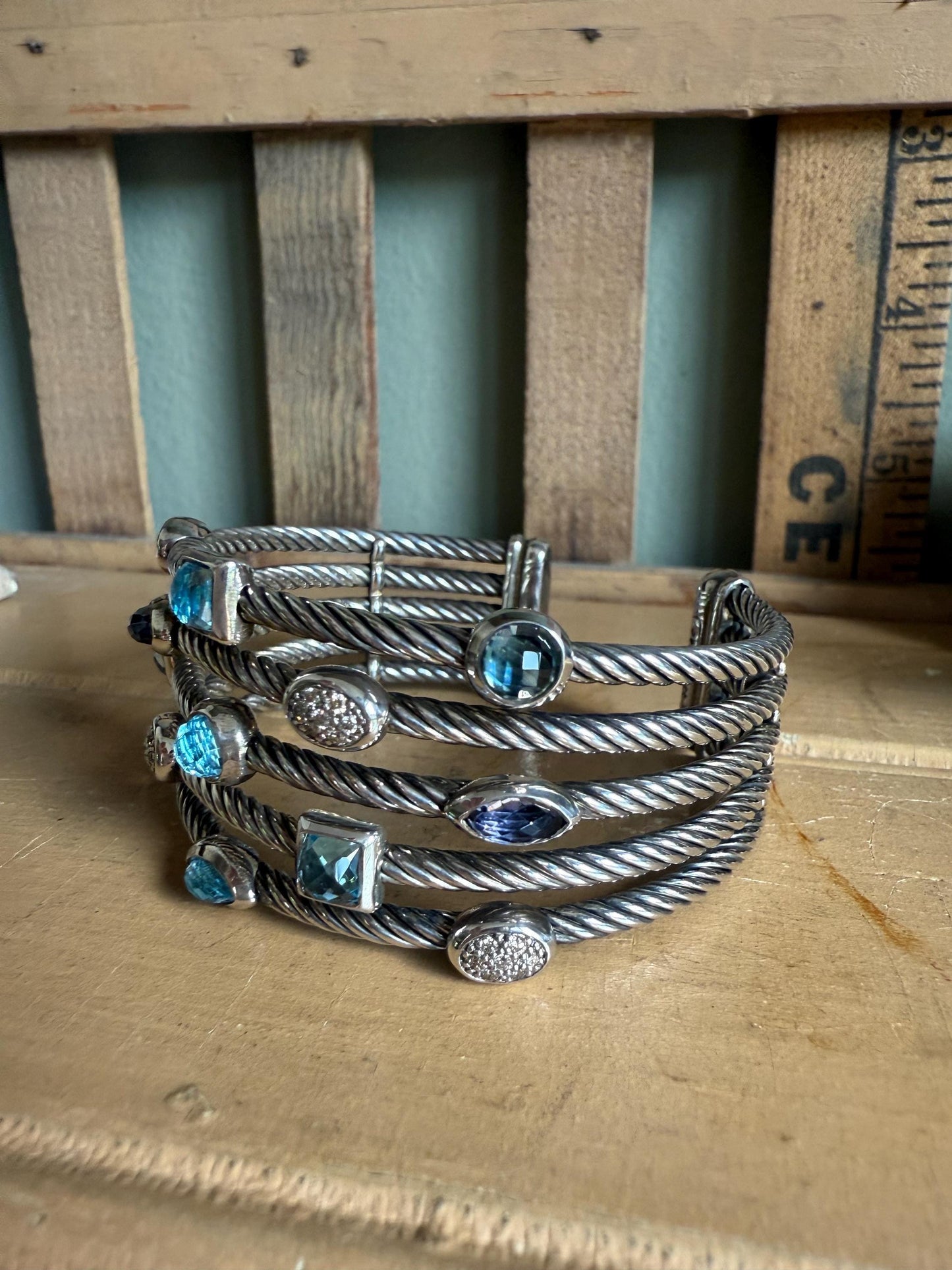 David Yurman Confetti Topaz and Iolite and Diamond Twisted Cable Cuff Bracelet