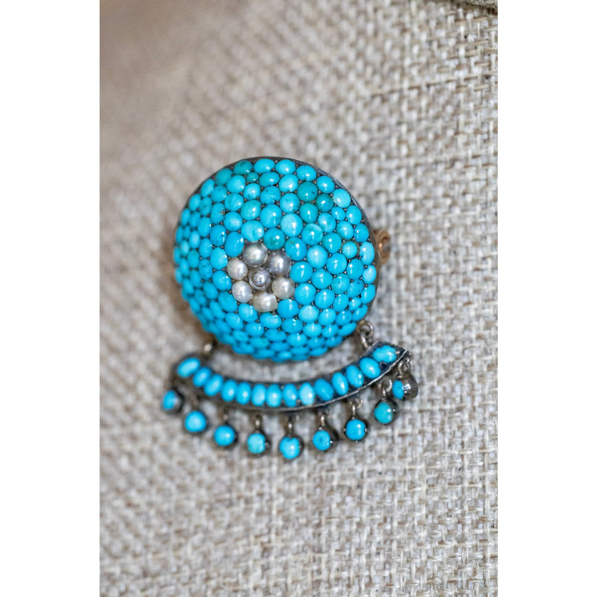 10K Antique Victorian Natural Turquoise and Seed Pearl Dangle Broch