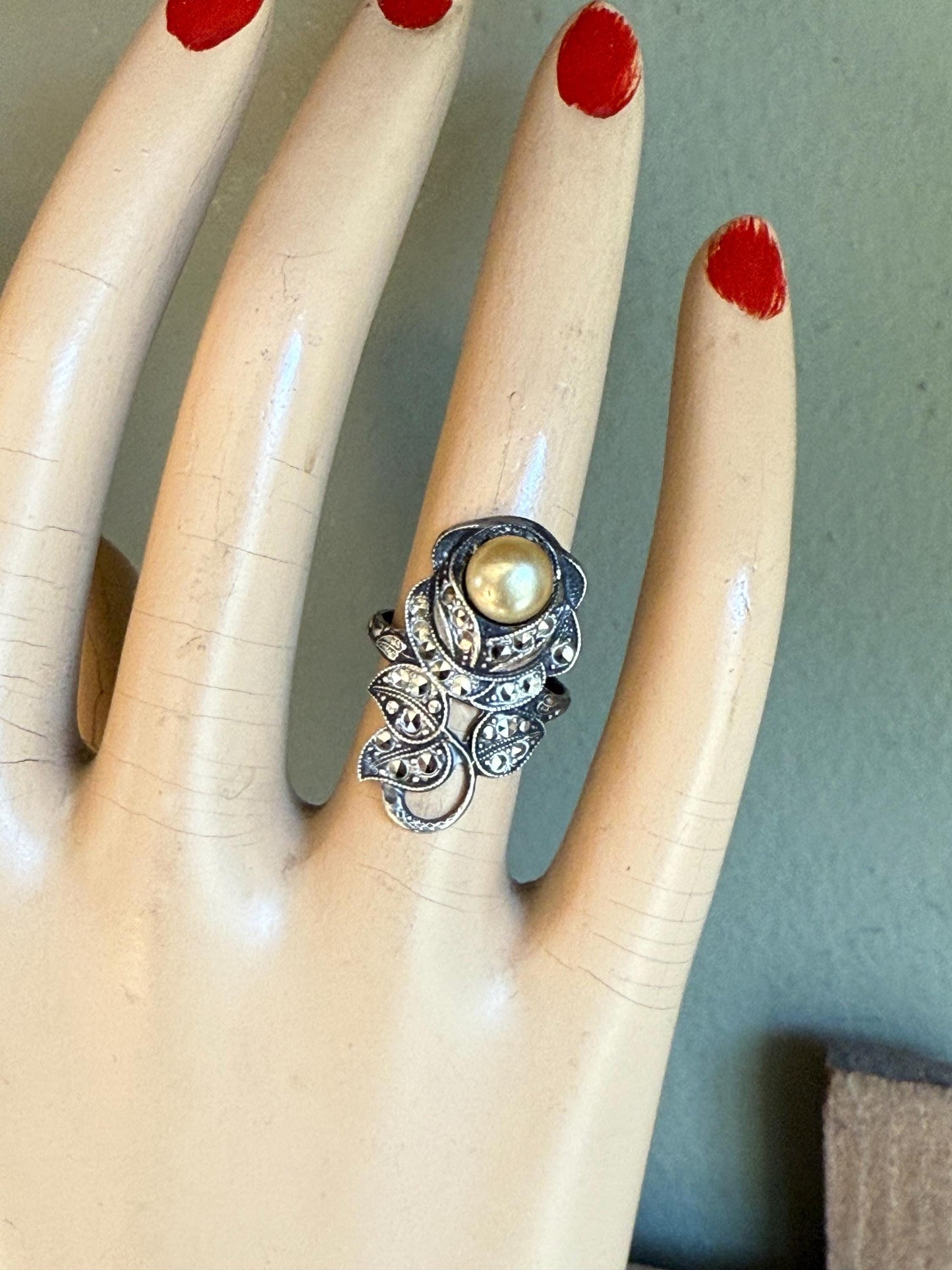 Sterling Silver c1920-1930 Art Deco Marcasite Pearl Rose Ring