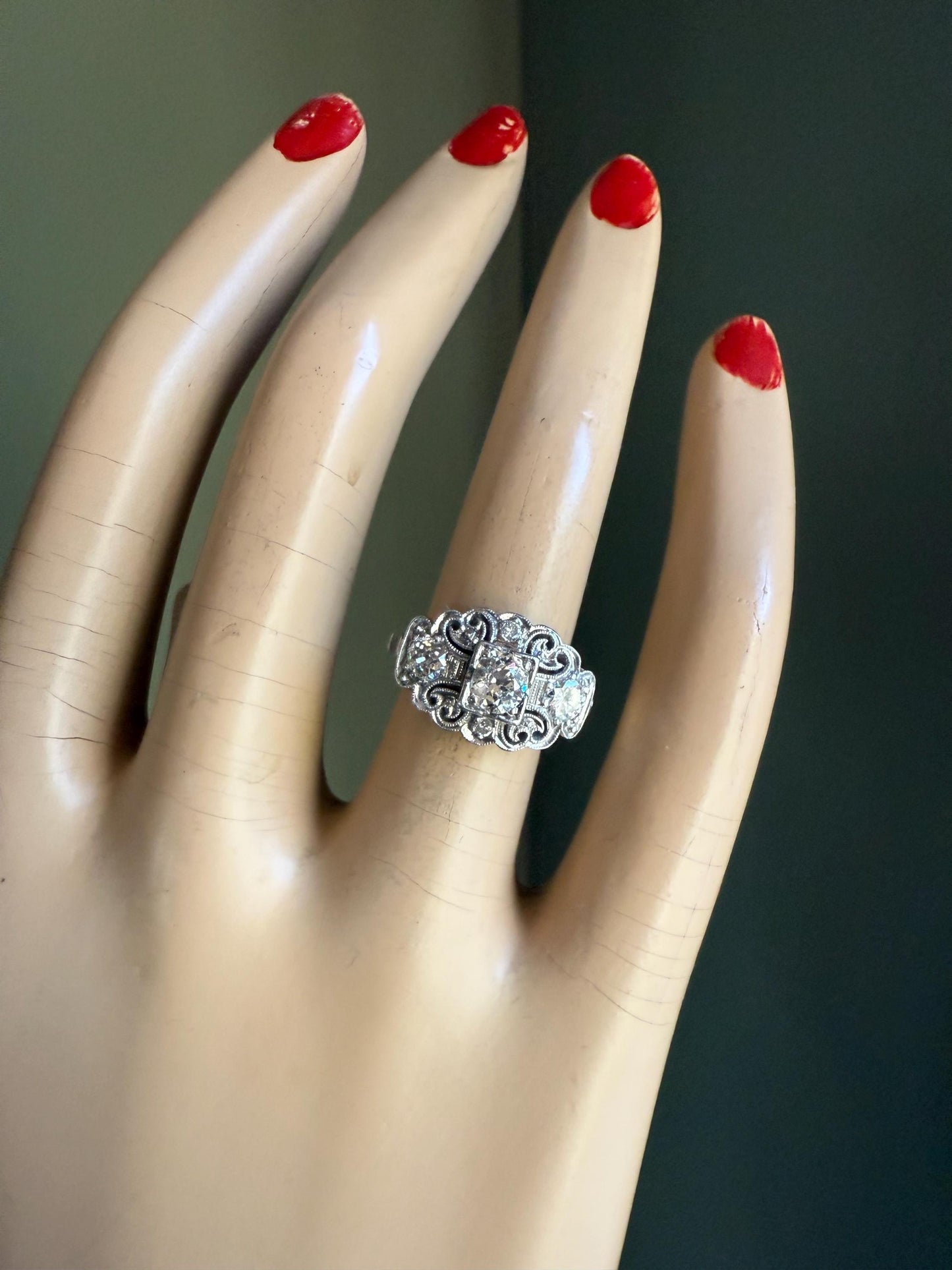 Art Deco 1940's Platinum Diamond Ring Center Diamond Approx. 1 CTW