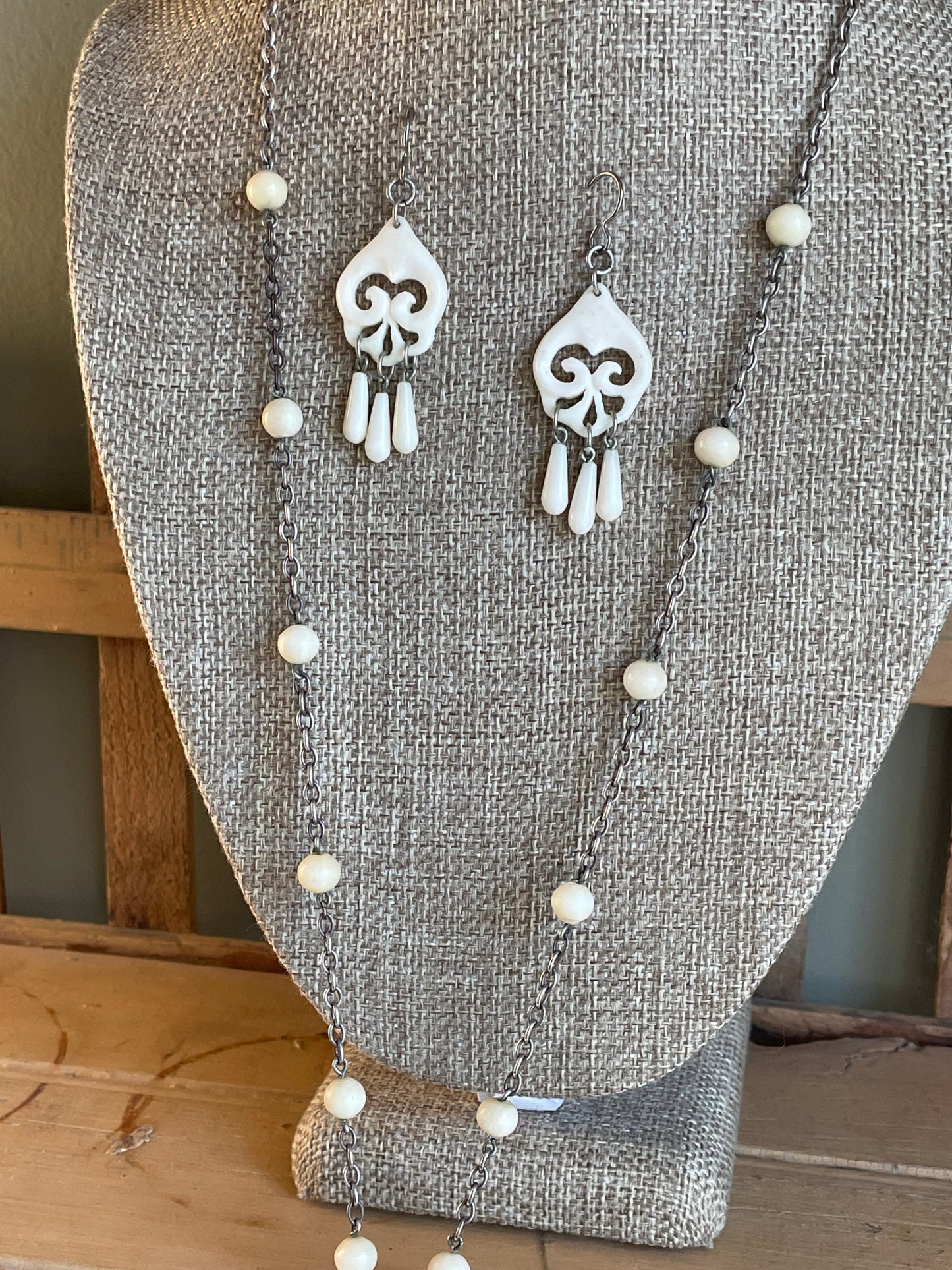 1960's Carved Necklace and Dangle Earrings