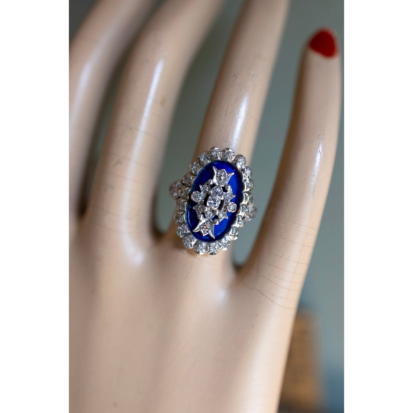 A Georgian Revival 18K English Blue Enamel and Natural Diamond Ring