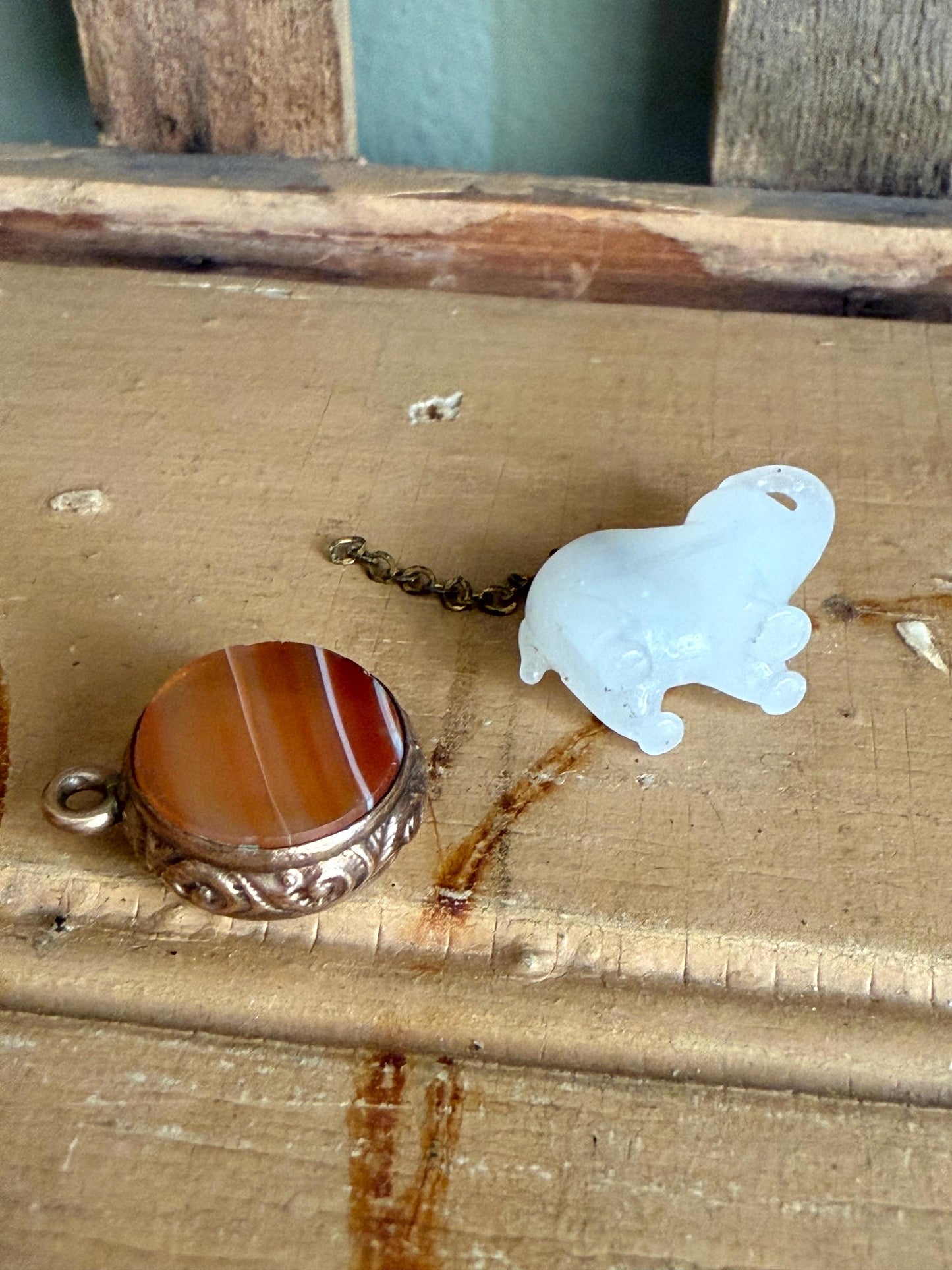 Pick One or Both Antique Glass Czechoslovakian Elephant and A Victorian Agate Double Sided Charm