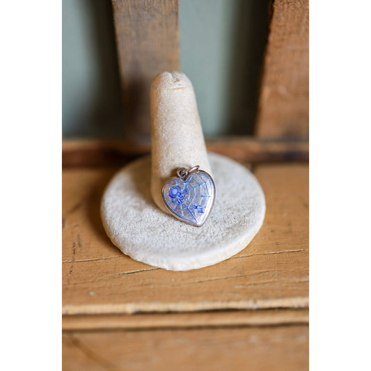 Rare Vintage Sterling Silver Blue Enamel Spider and Fly Puffy Heart Charm Pendant