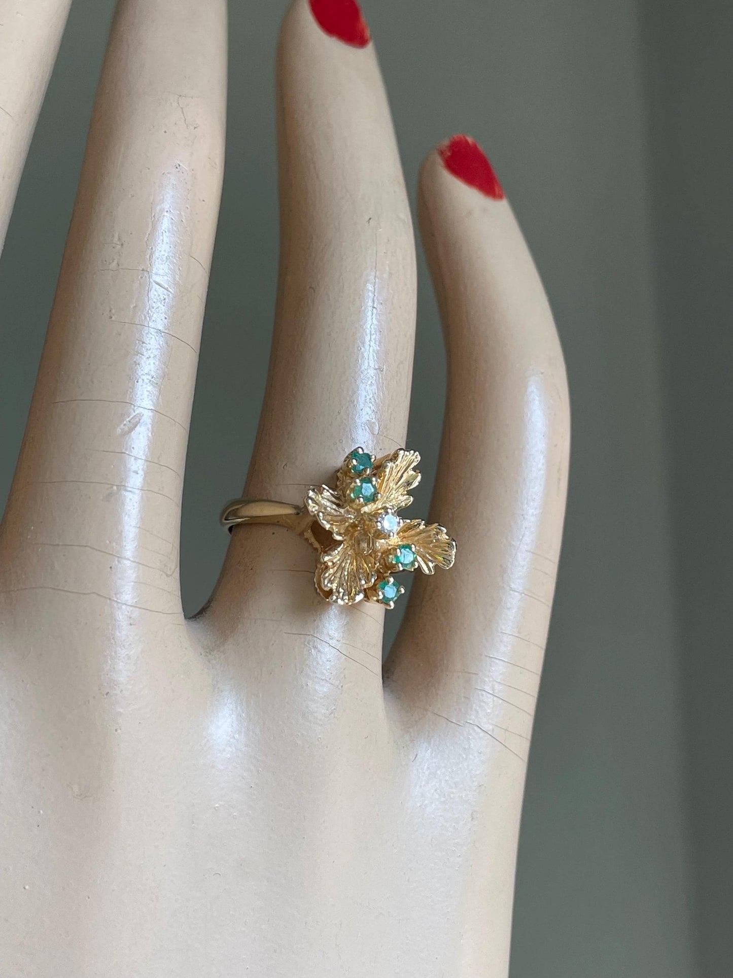 1980's 14K Vintage Textured Flower Emerald and Diamond Ring