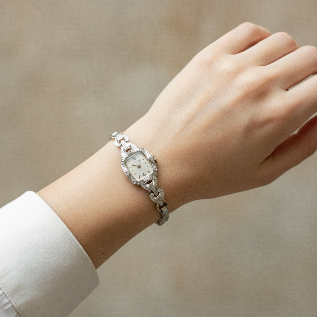 Vintage 14K White Gold Wittnauer Ladies Diamond Wrist Watch