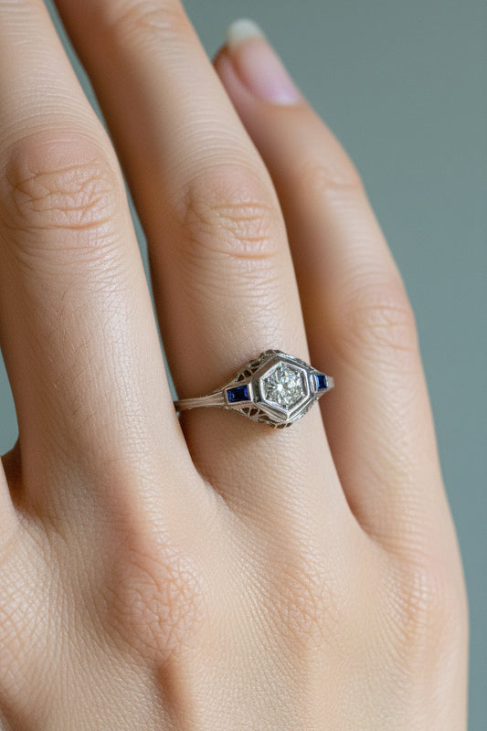 1930-1940's Art Deco 18K White Gold Old European Cut Diamond and Sapphire Filigree Ring