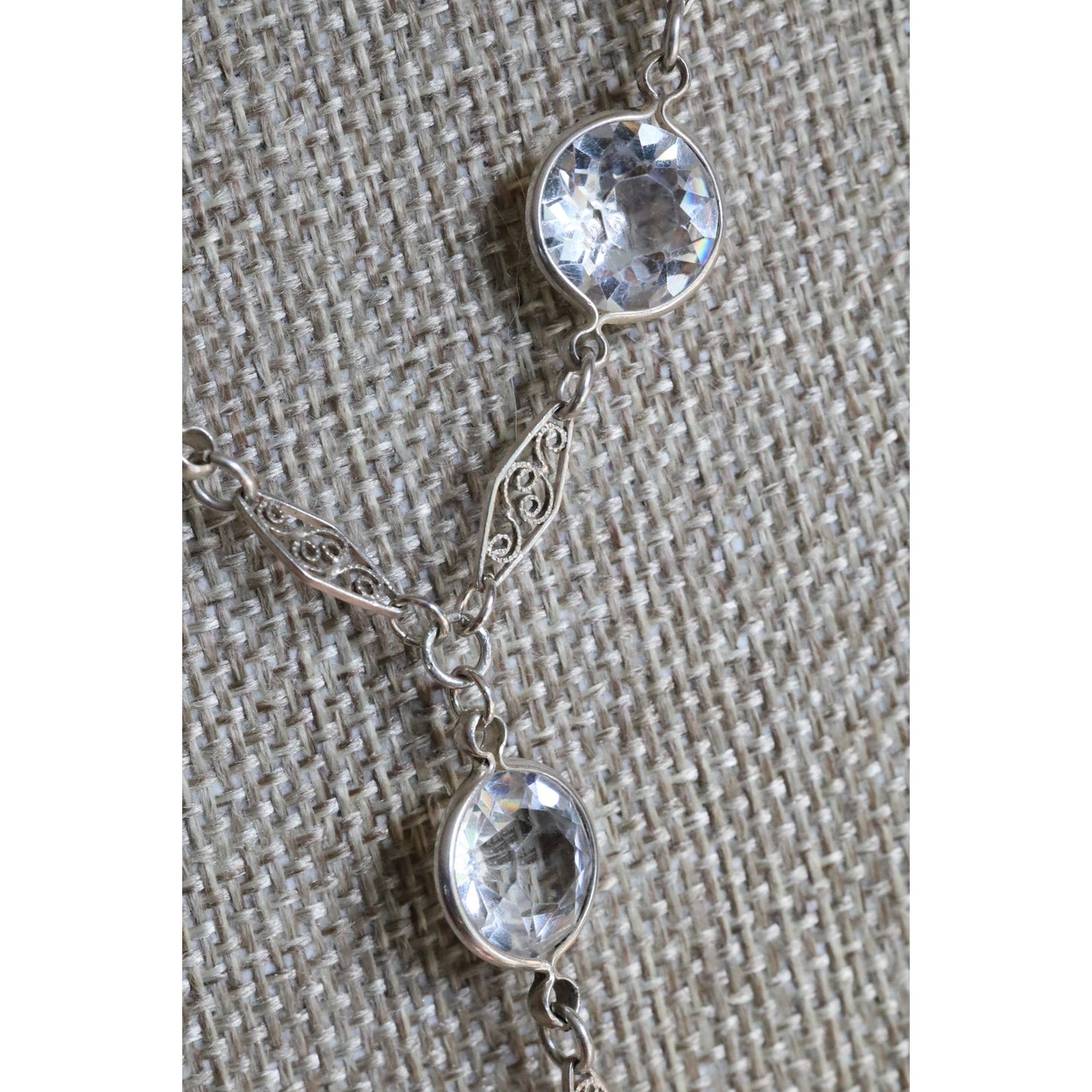 C1920 Rhodium Plated Art Deco Cut Crystal Dangle Necklace