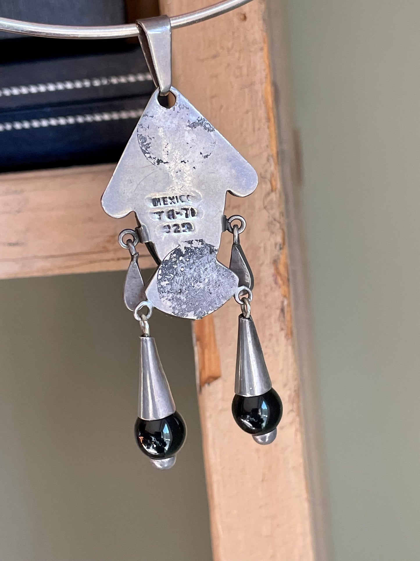 Matching Mexican Mask Sterling Silver Necklace and Earrings Onyx Malachite