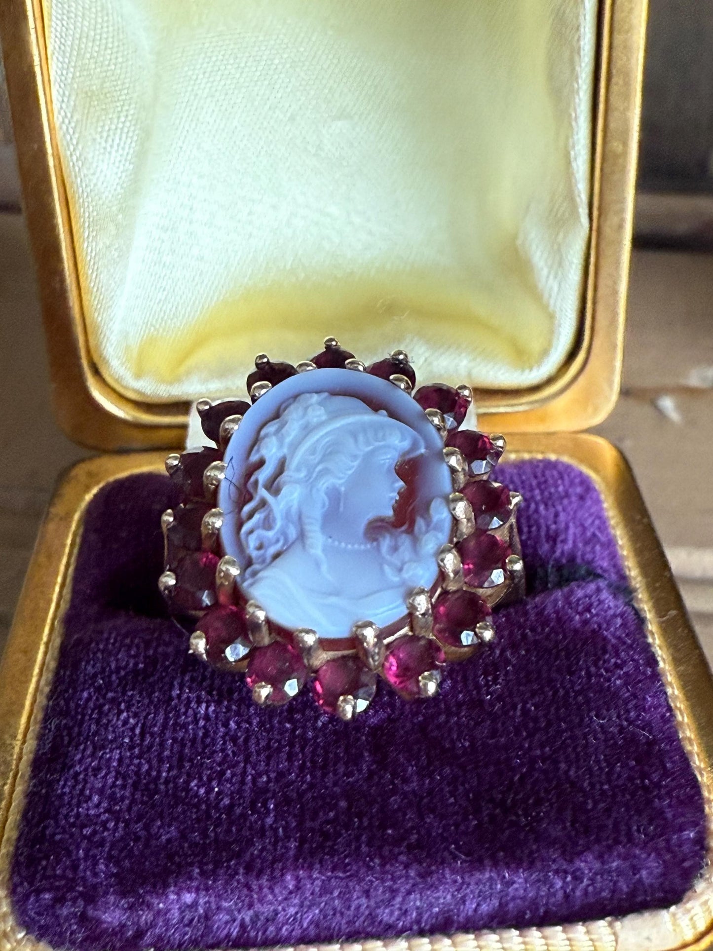 Vintage 14K Yellow Gold Carved Shell Cameo with Pink Tourmaline Halo Ring