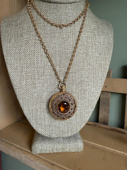 c1970 Costume Round Glass Citrine Like Stone Set Locket on Long Chain