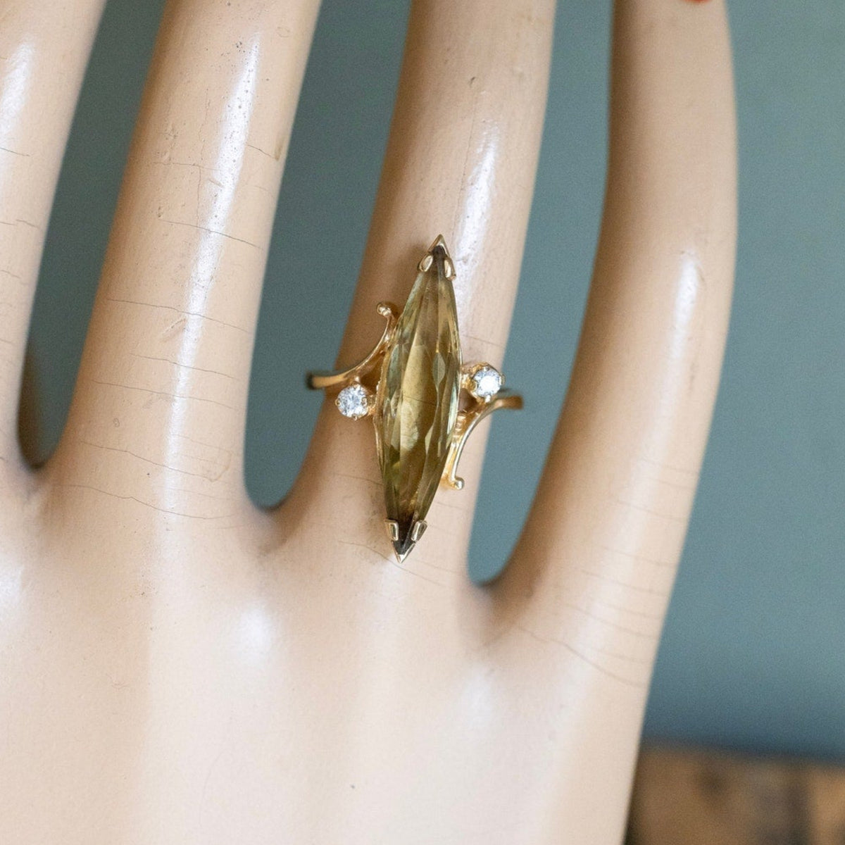 1960-1970 10K Yellow Gold Dramatic Marquis Cut Smoky Quartz Ring