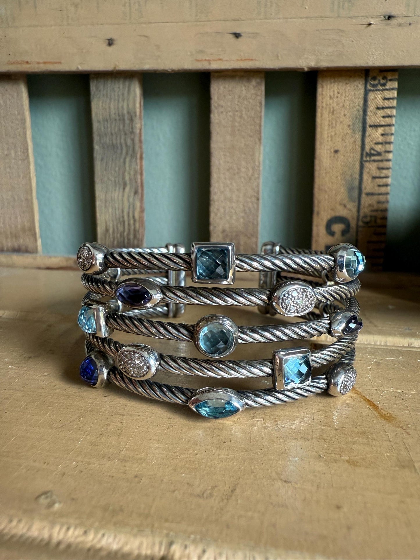 David Yurman Confetti Topaz and Iolite and Diamond Twisted Cable Cuff Bracelet