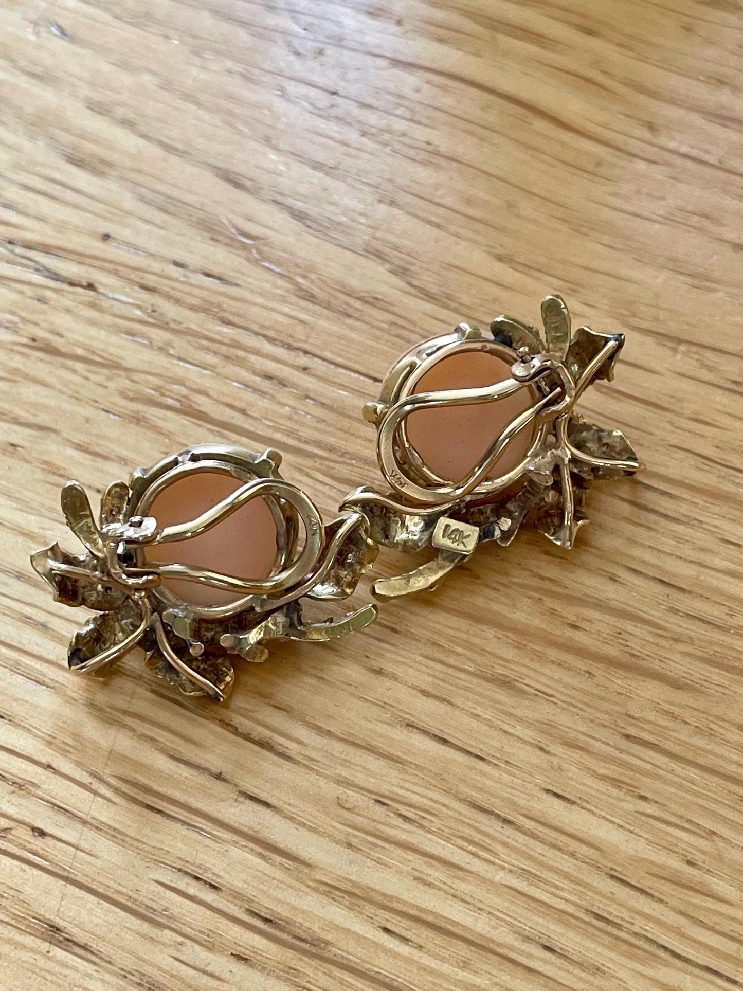 1960's Angel Skin Coral 14K Yellow Gold Buccellati Style Earrings