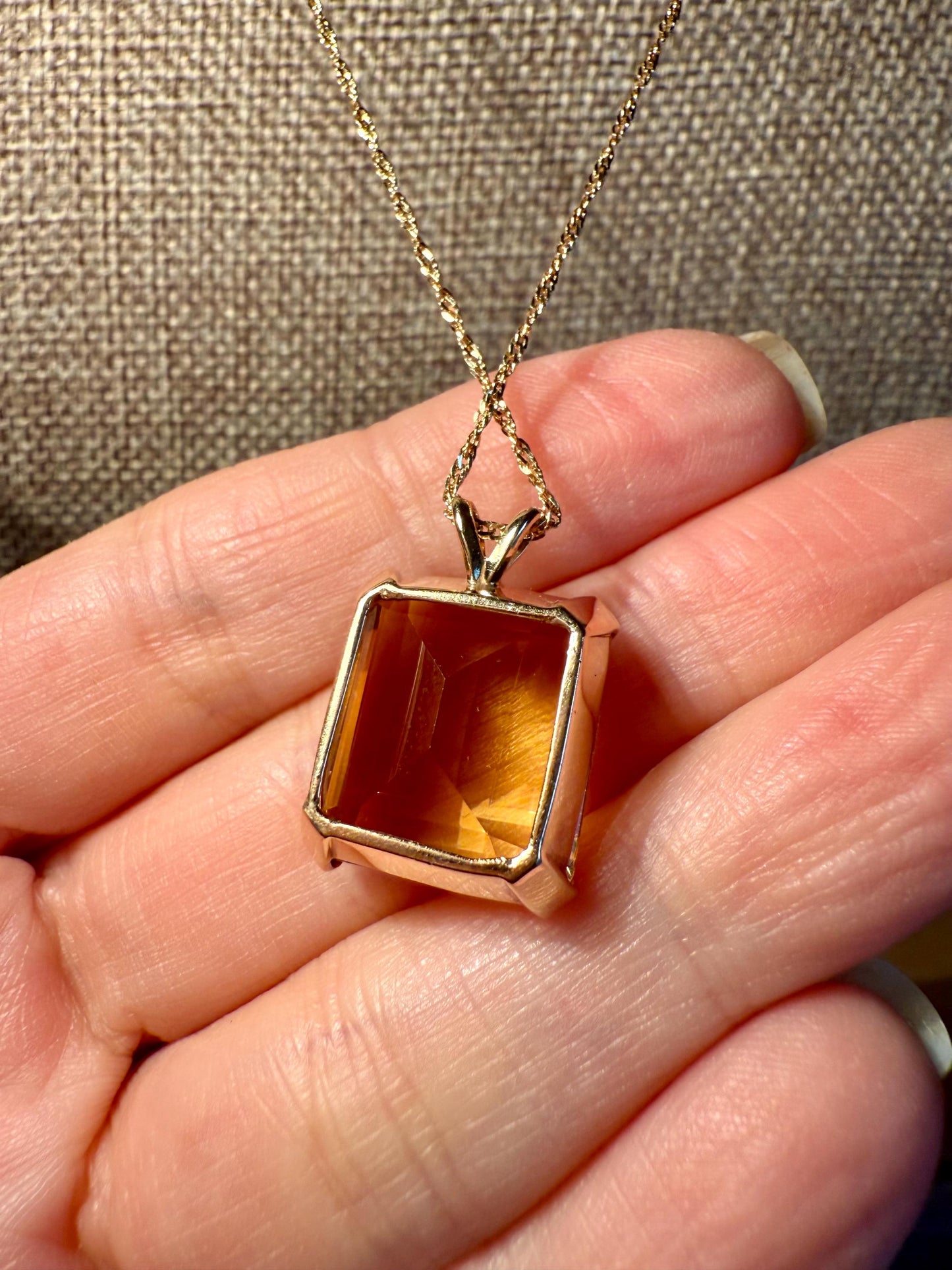 A Vintage 14K Yellow Gold Rectangle Cut Citrine on a 14K Chain