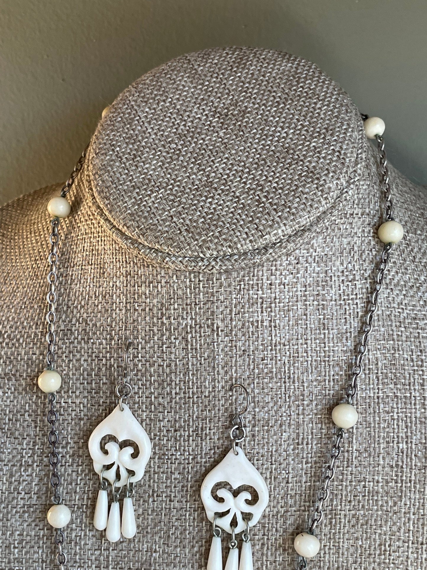 1960's Carved Necklace and Dangle Earrings