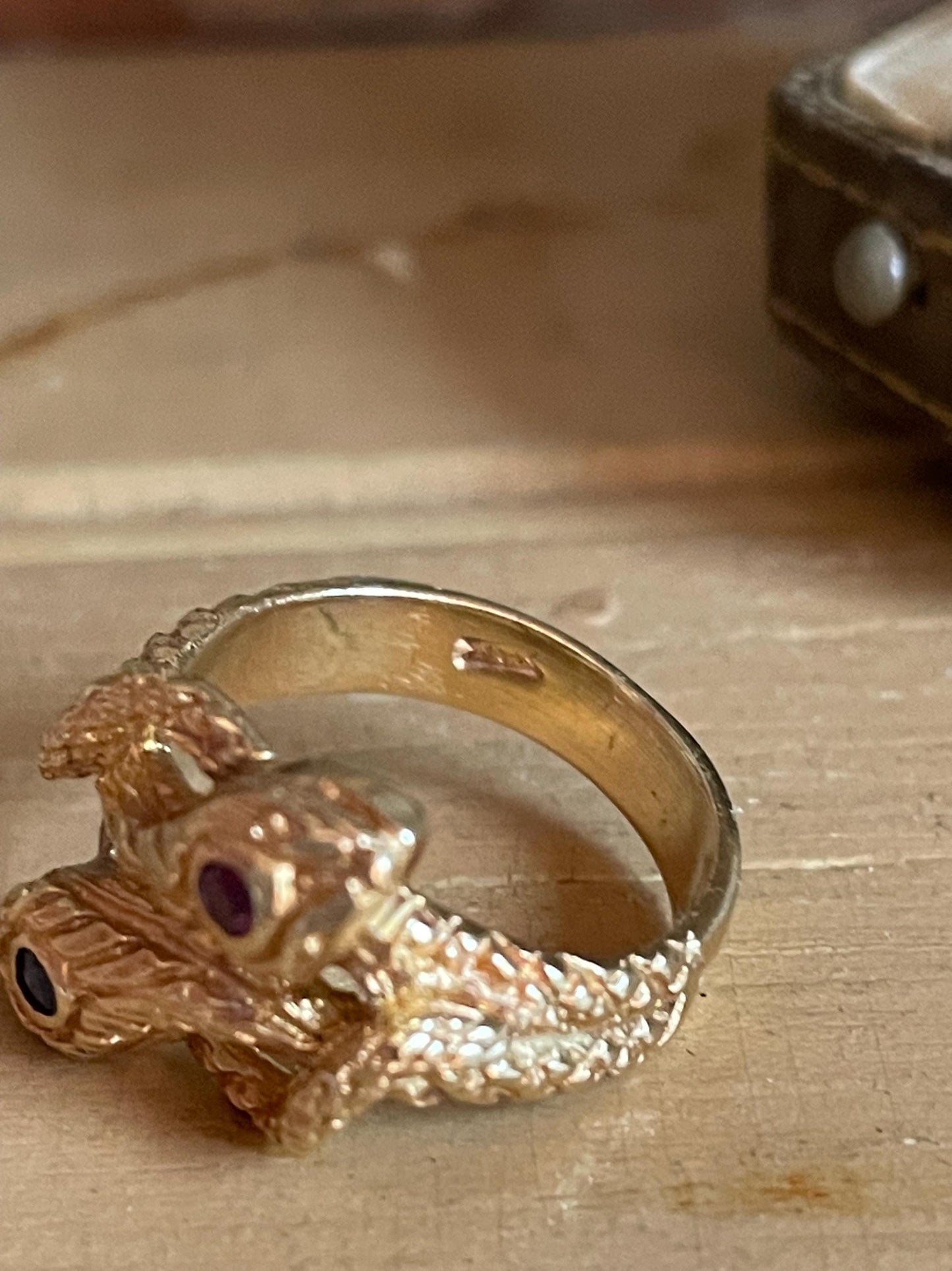 14k Yellow Gold Double Snake Ring with Sapphire and Ruby Set Heads