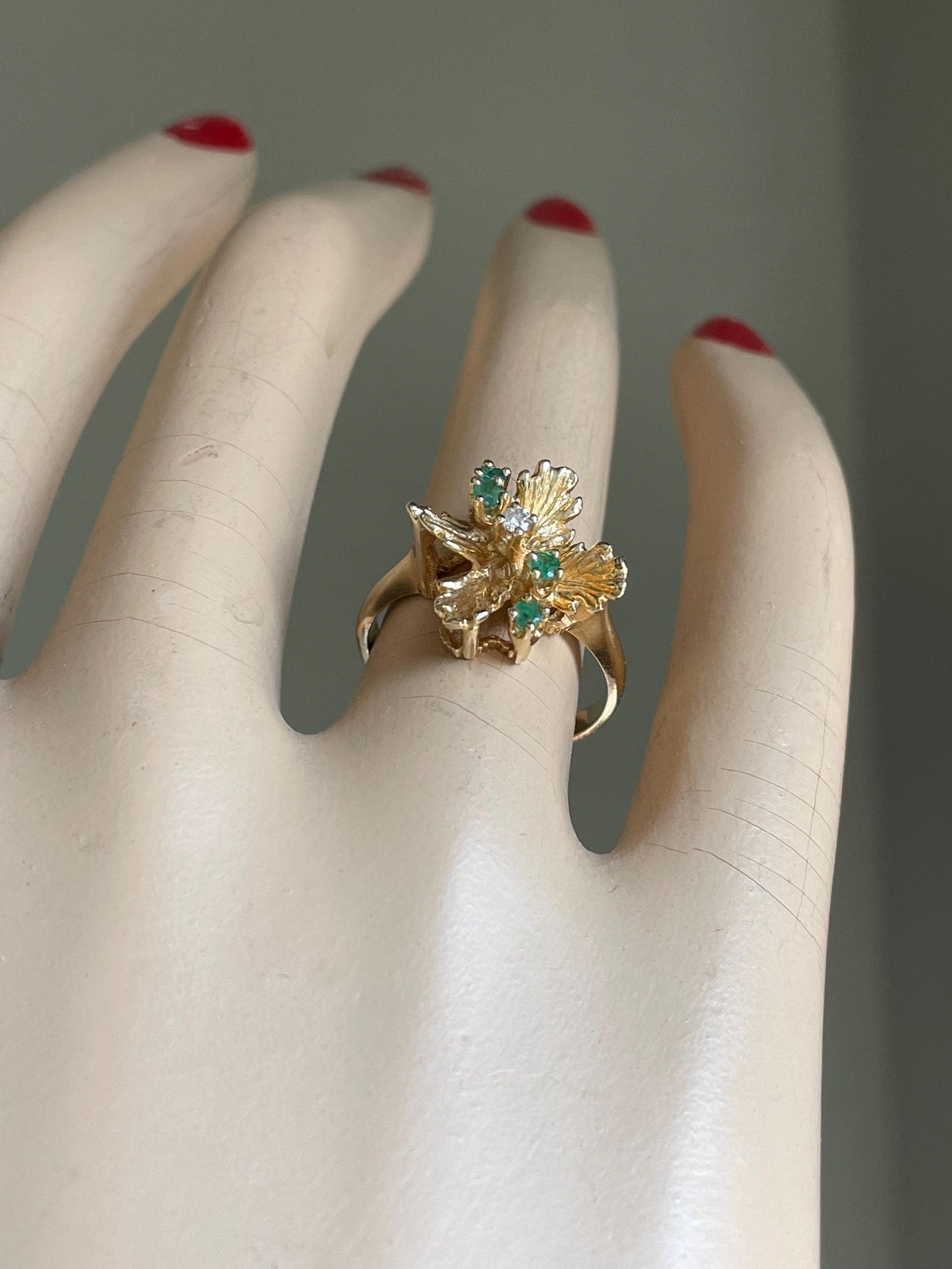 1980's 14K Vintage Textured Flower Emerald and Diamond Ring