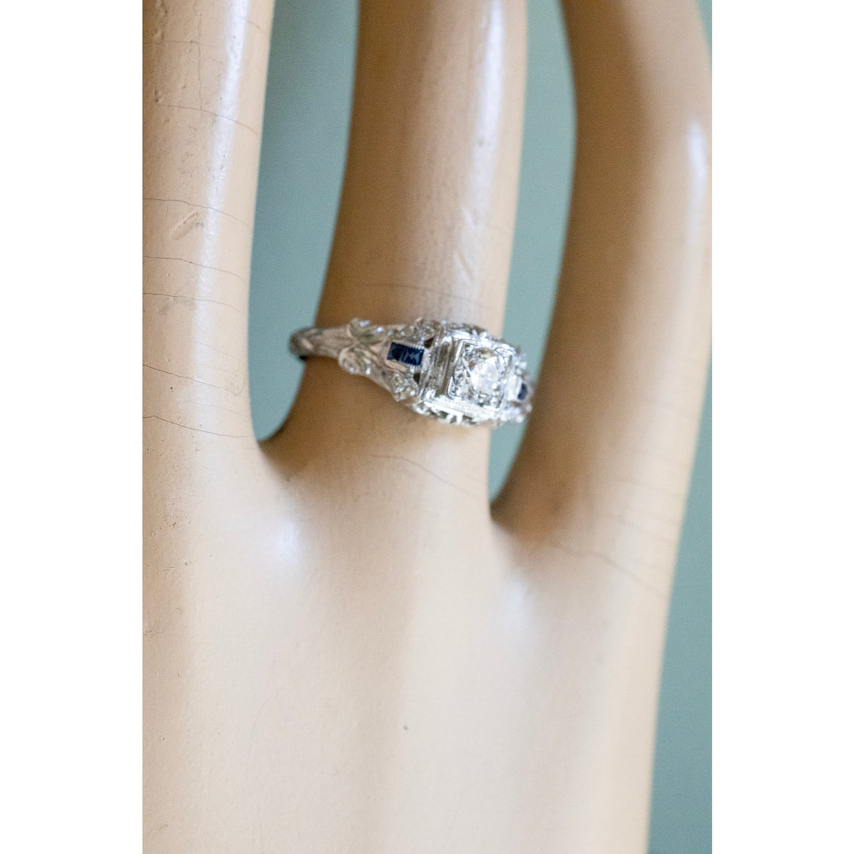 1930-1940 18K White Gold Round Old European Cut Natural Diamond and Synethic Sapphire Authentic Art Deco Ring