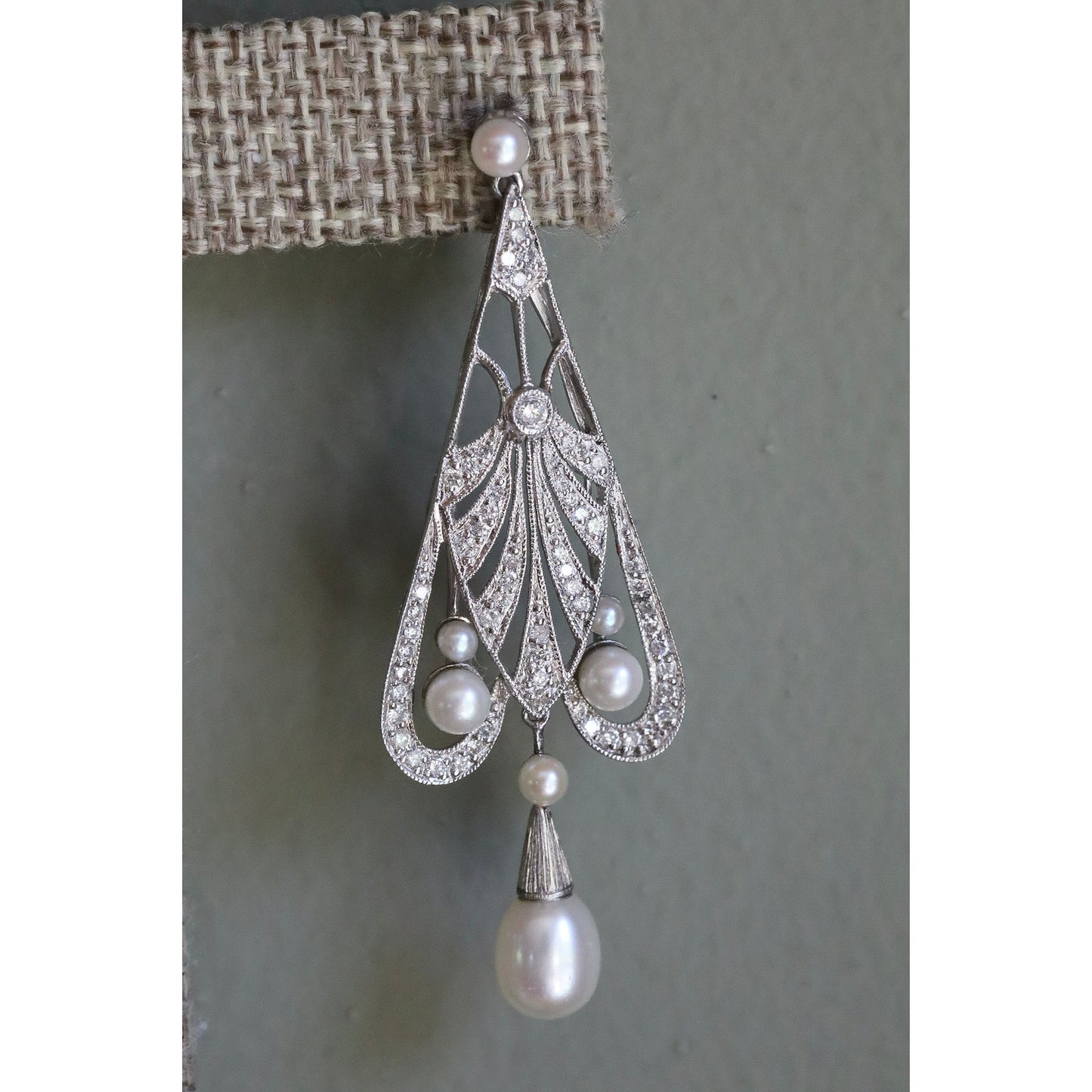 Fine Vintage Iridium Platinum Diamond and Salt Water Pearl Dangle Earrings
