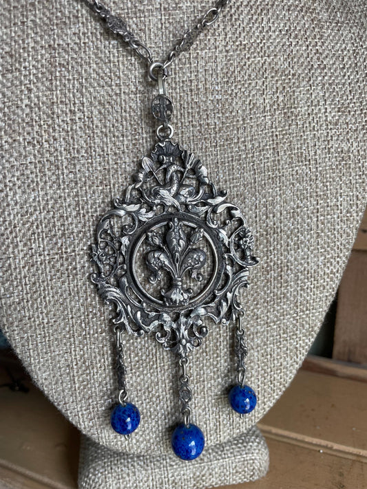 Vintage Silver Italian Peruzzi Chain and Dramatic Fleur de Lis Dangle Pendant