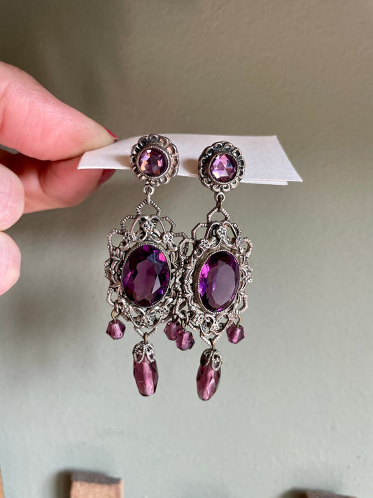 1920 Czechoslovakian Purple Glass Dangle Earrings