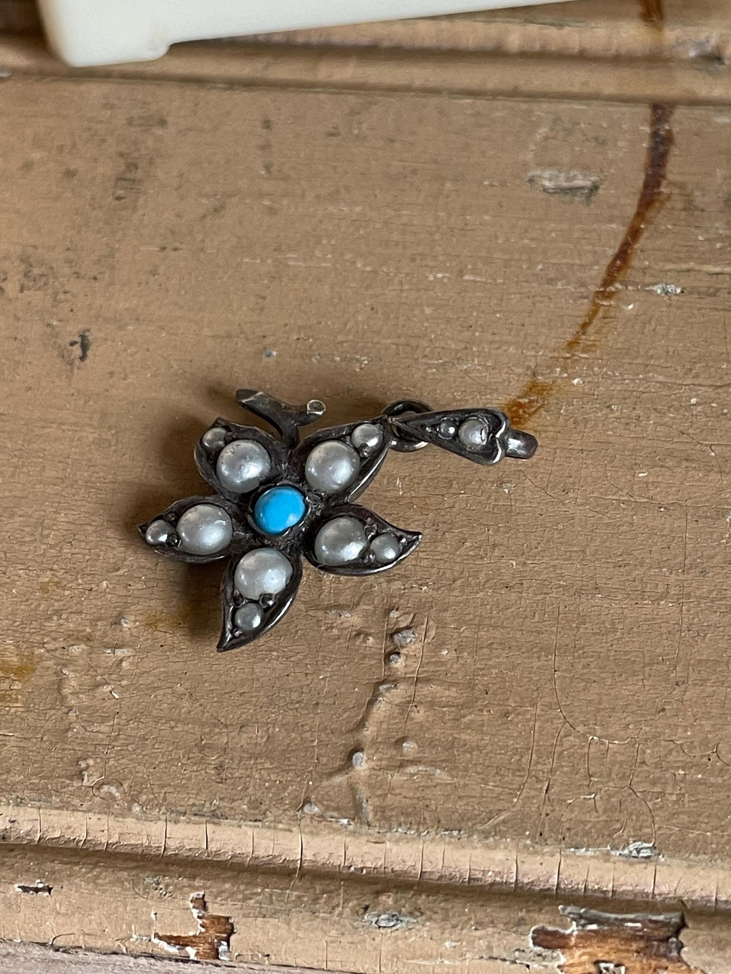 c1900 Silver Edwardian Turquoise and Pearl Flower Pendant