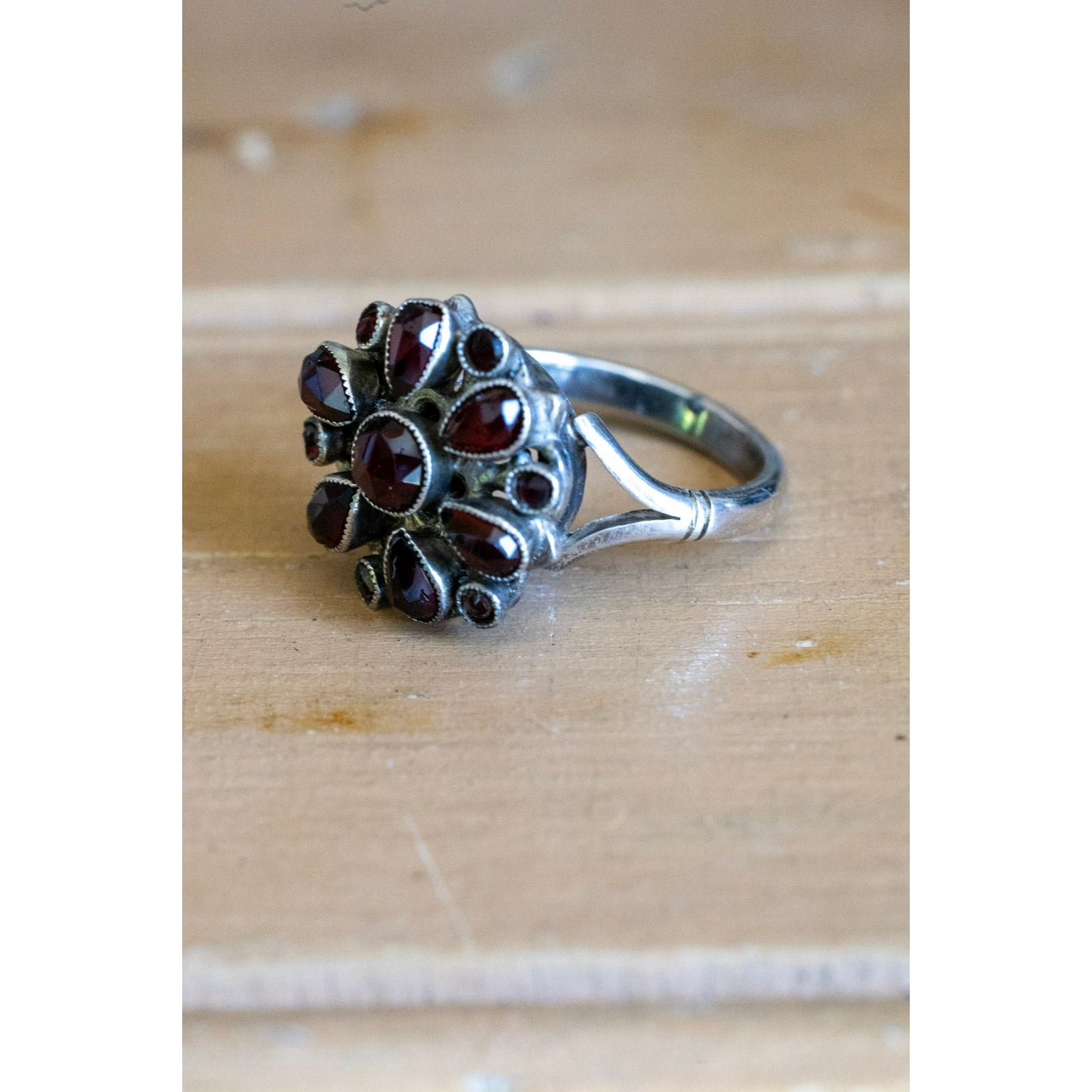 Antique Austro Hungarian Bohemian Cut Garnet Ring in Silver