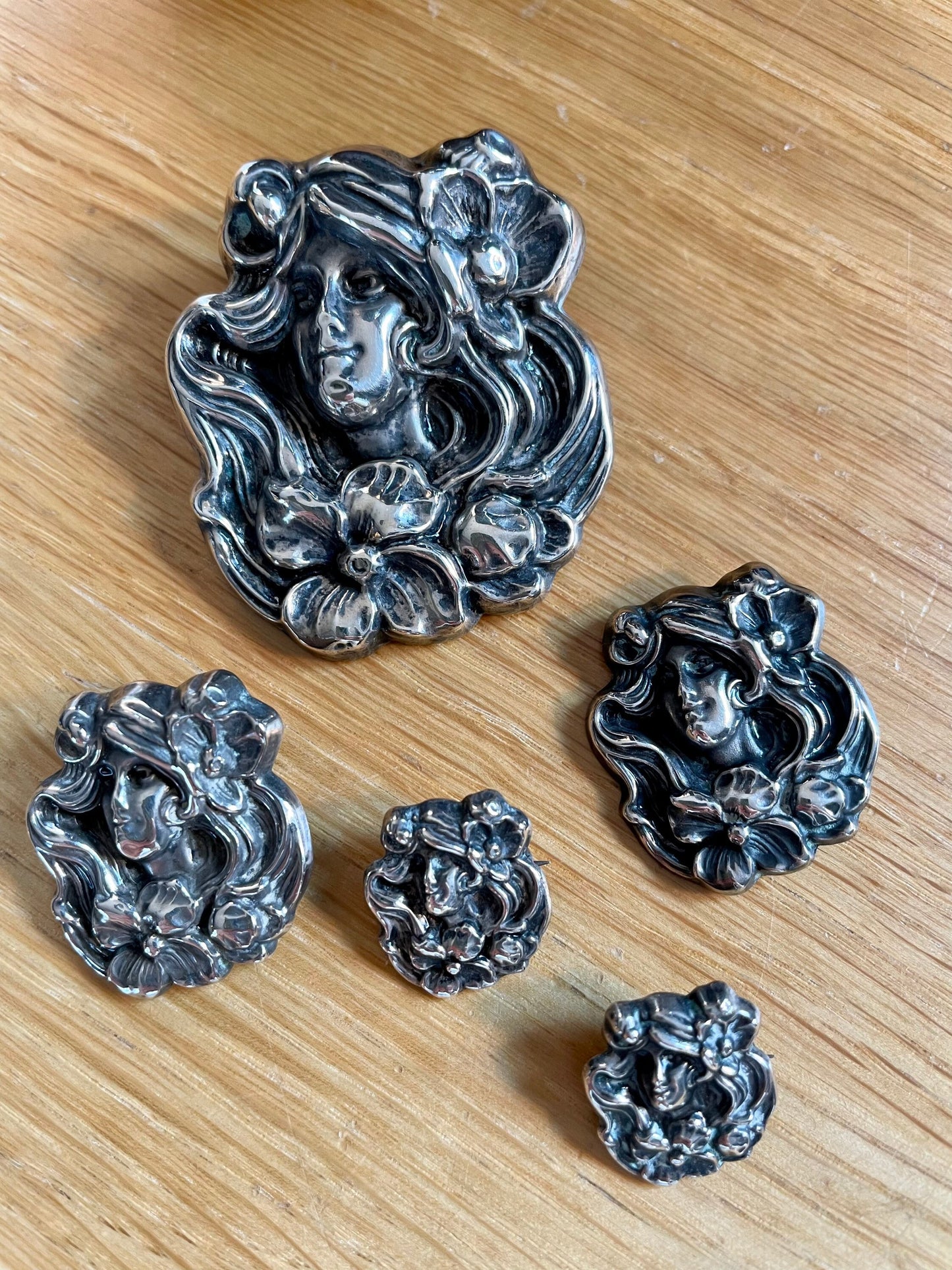 Art Nouveau Sterling Silver Five Piece Brooch Set Lady with Poppies