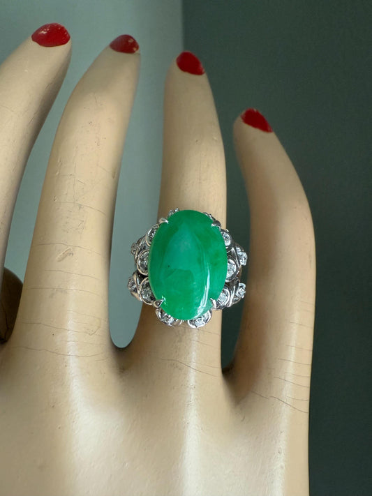 A GIA Certified Natural 8 Carat Plus Jadeite Jade Set in 14K White Gold Diamond Ring