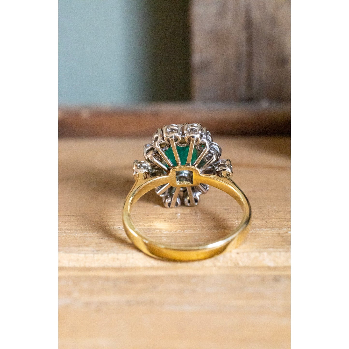 Vintage 18K Yellow Gold Custom Designed Natural Emerald and Diamond Ring