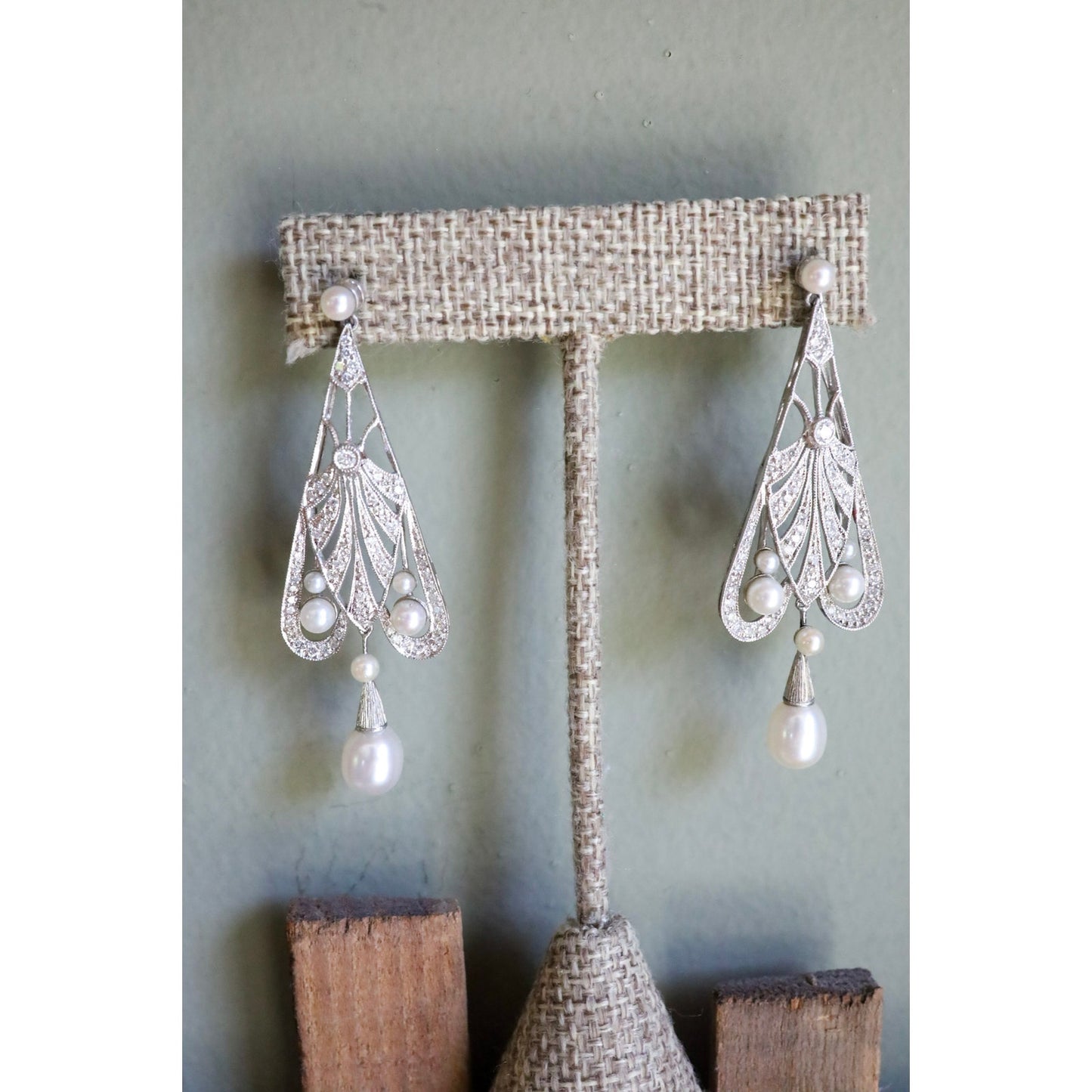 Fine Vintage Iridium Platinum Diamond and Salt Water Pearl Dangle Earrings