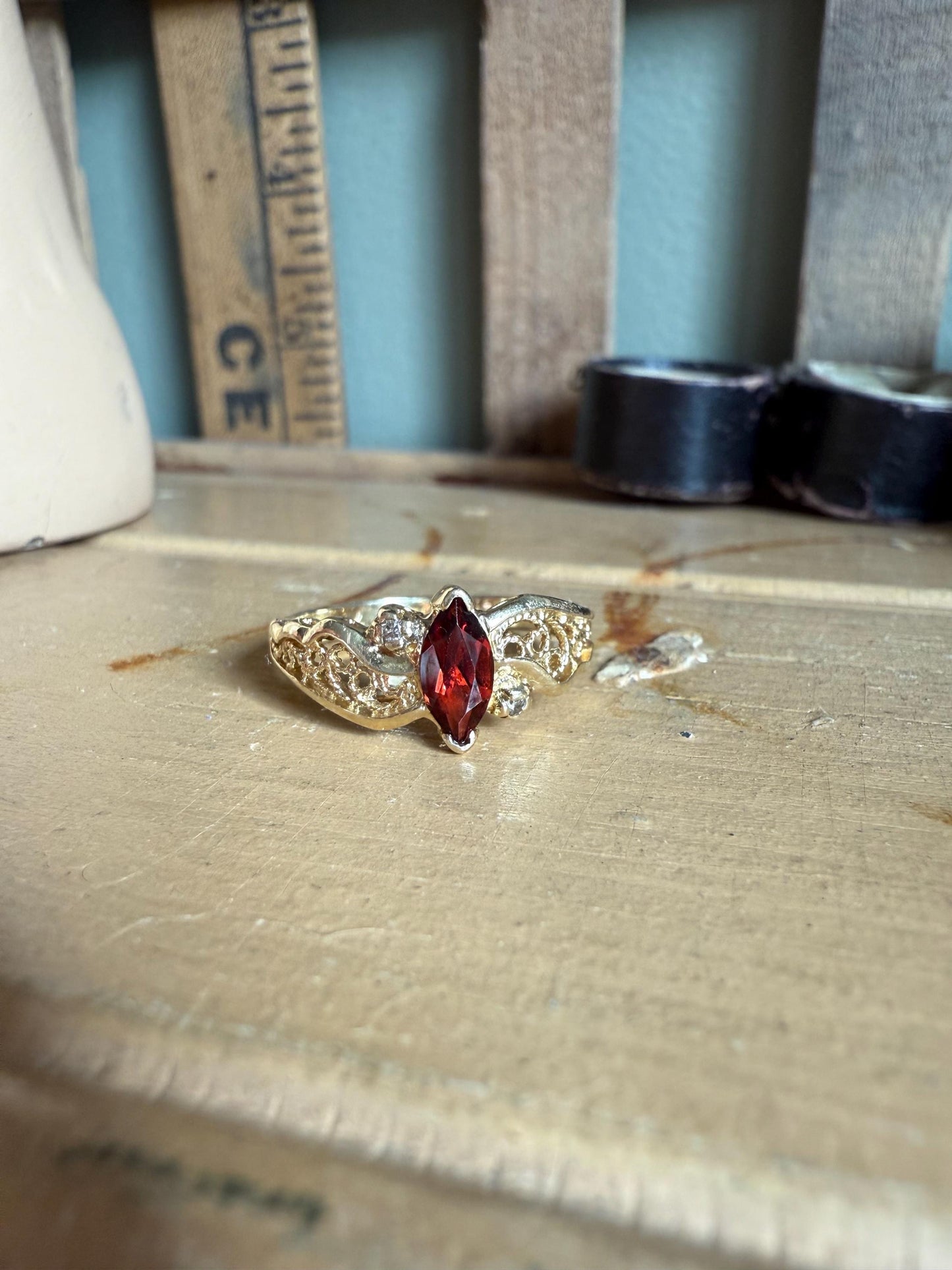 14K Beverly Hills Yellow Gold Marquis Garnet and Diamond Ring