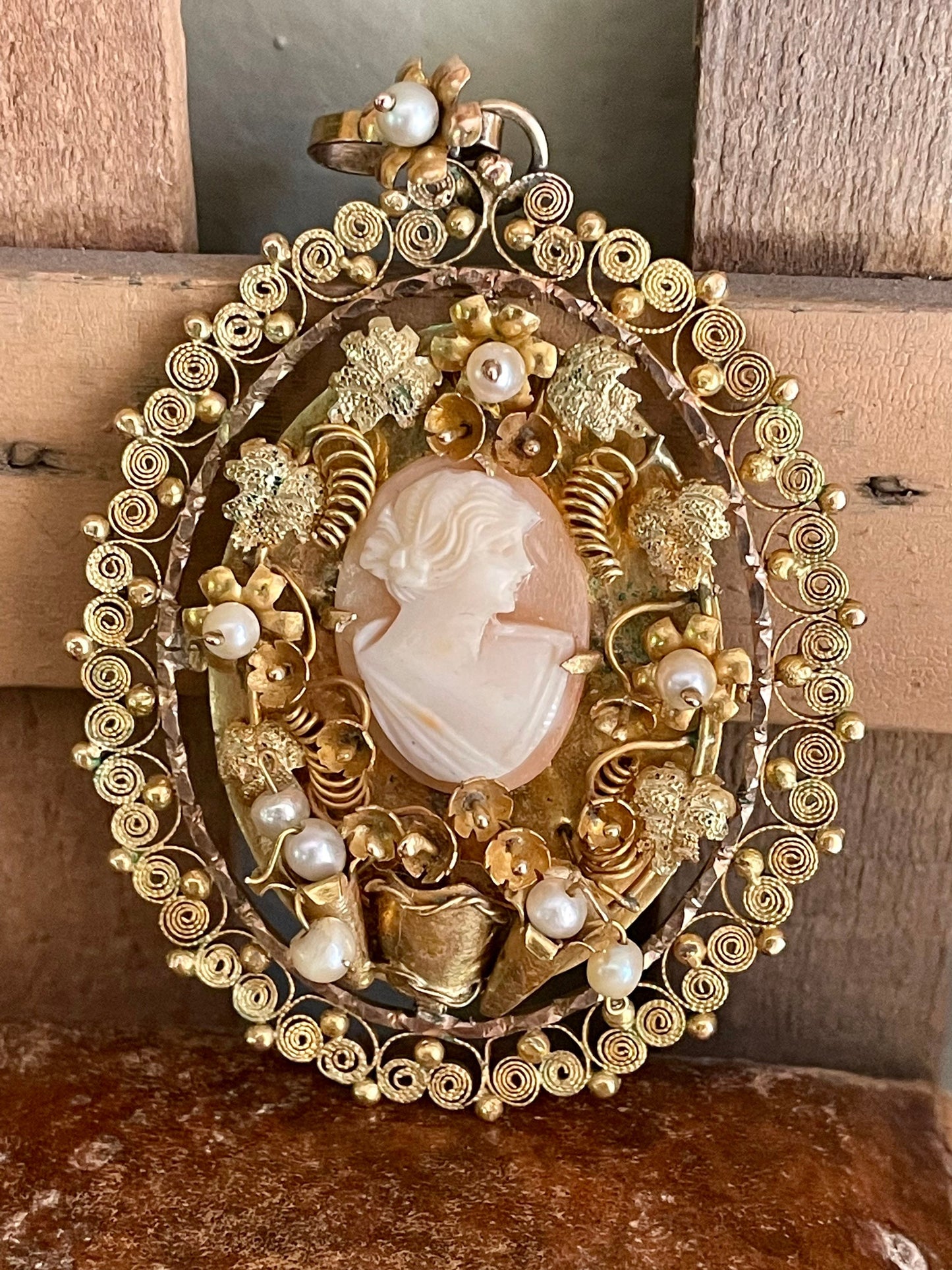 Vintage 1930-1950's Spun 14K Yellow Gold Hand Made Pendant Featuring a Shell Cameo and Pearls