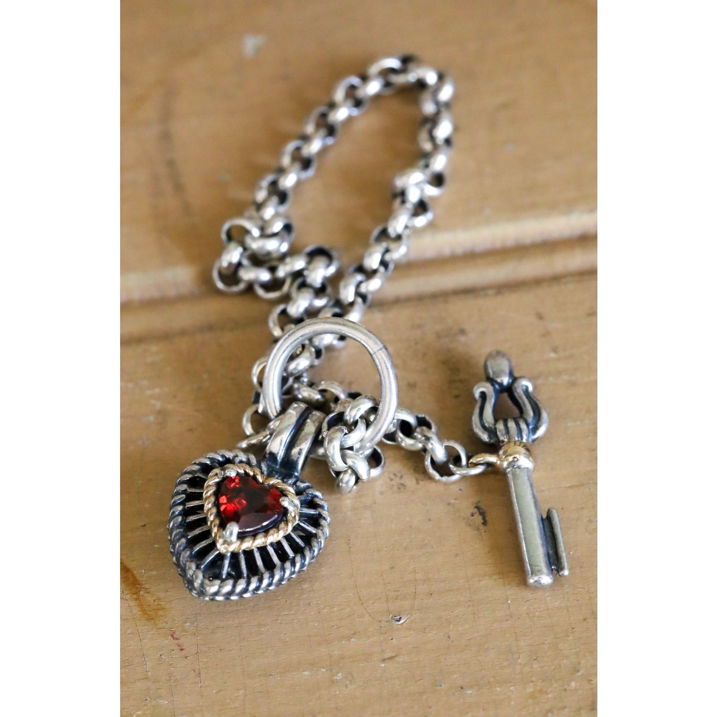 Vintage Ross Simons Sterling Silver and 14K Garnet Set Heart Charm Bracelets with Arrow Clasp