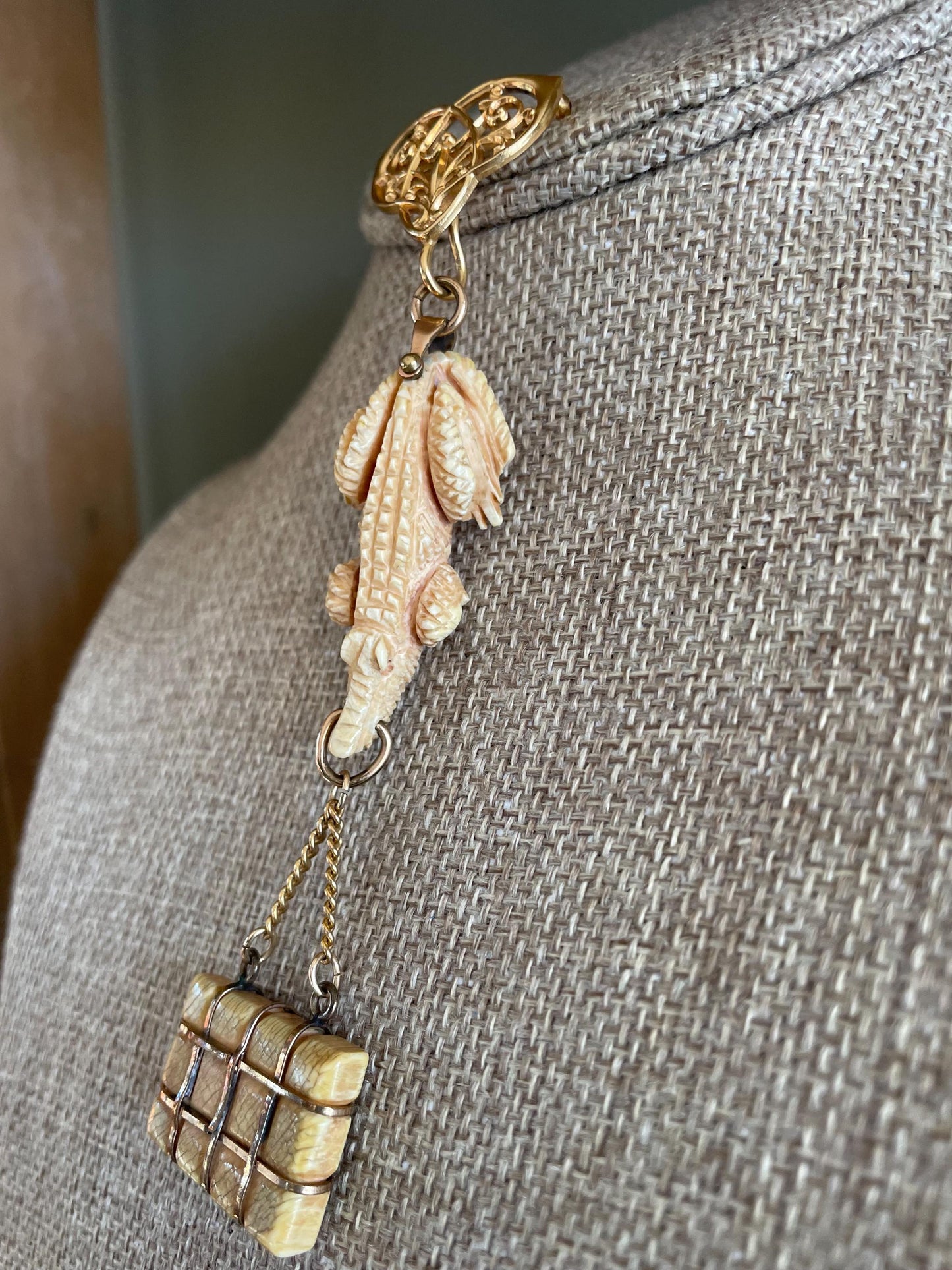 Antique Trio of Victorian Alligator Watch Fob, Suitcase and Edwardian Pocket Watch Brooch