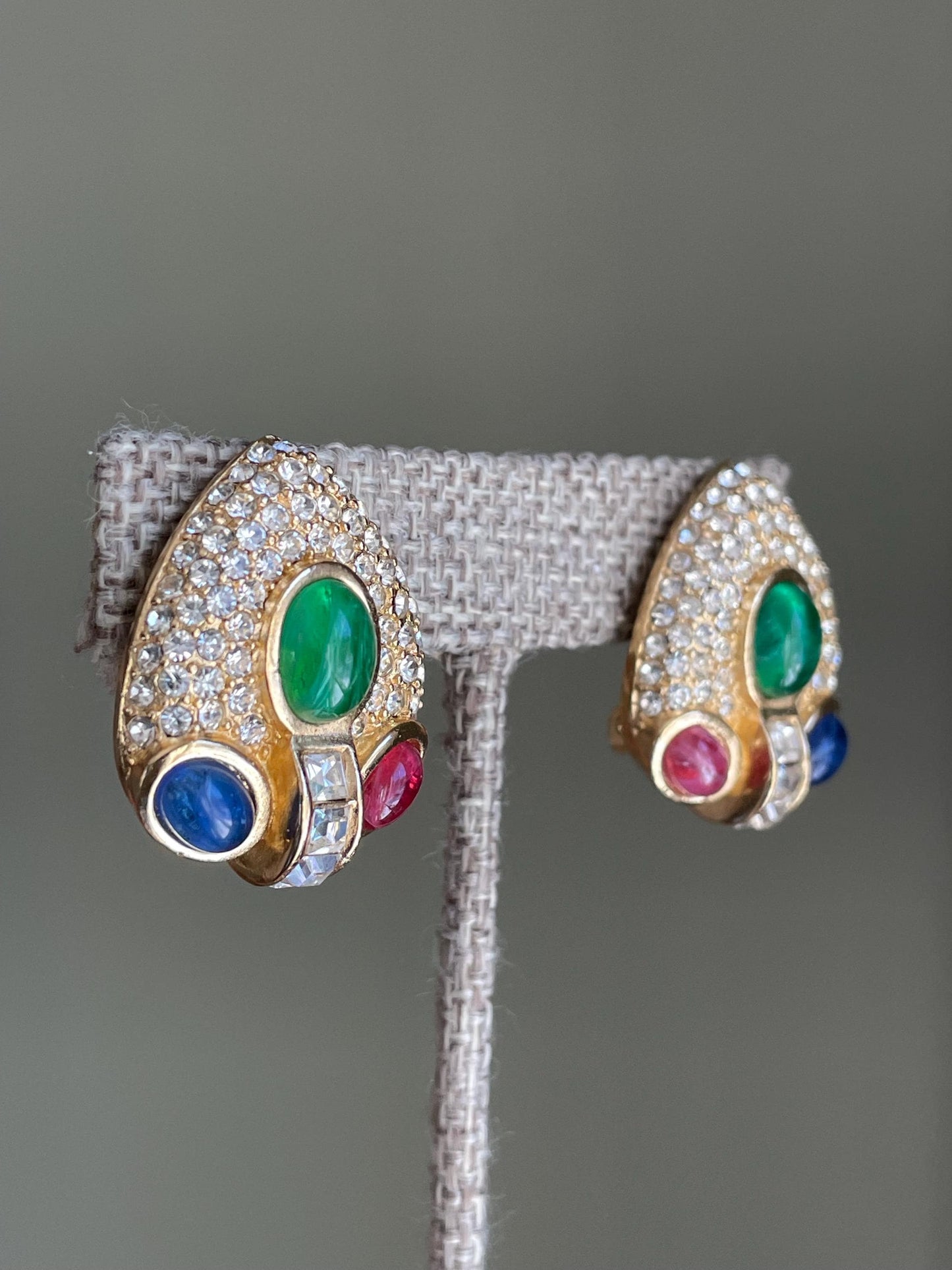 Christian Dior GROSSE 1960 Glass Ruby Sapphire Emerald Designer Clip Earrings