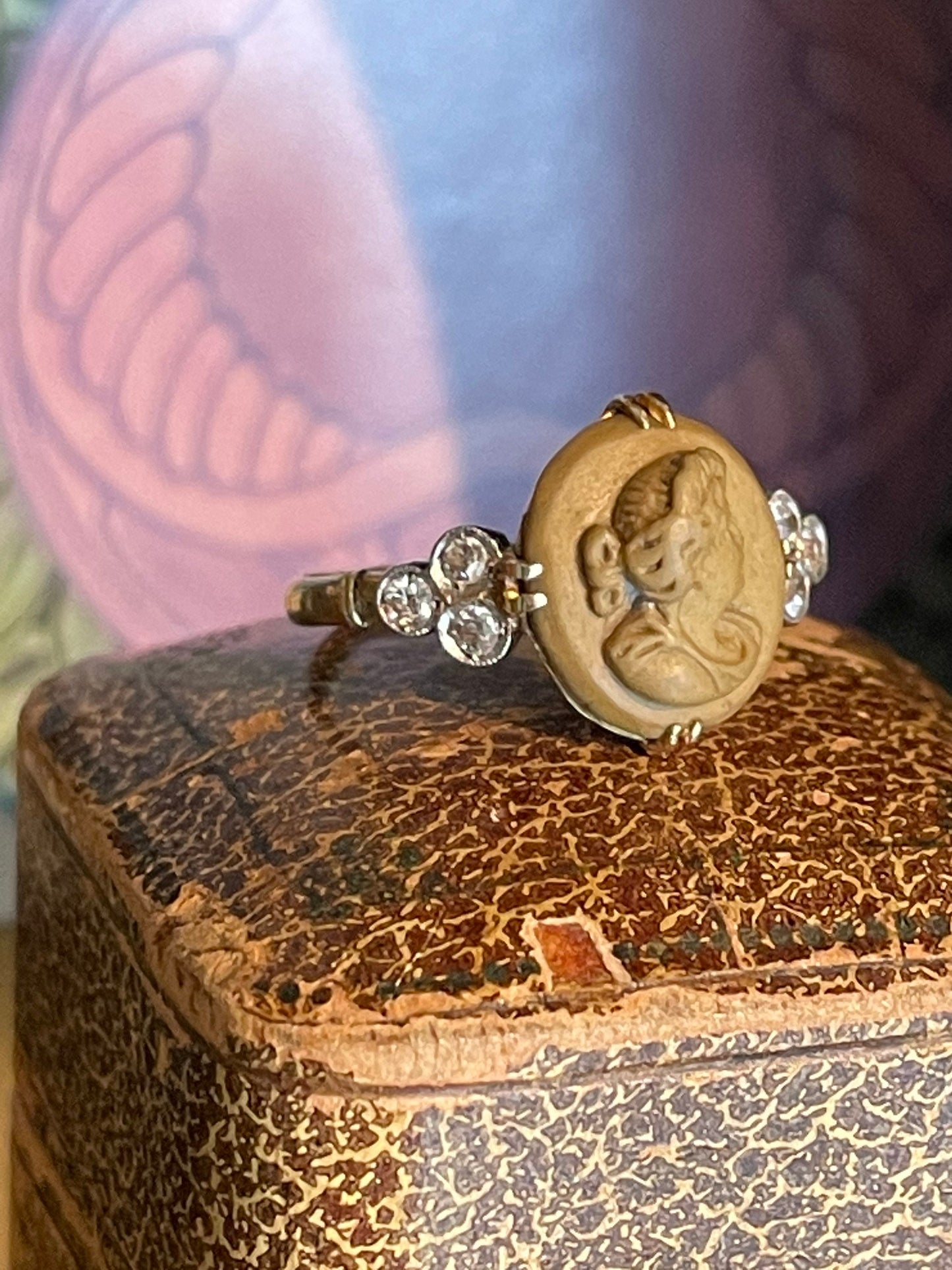 Late Victorian 14K Yellow Gold Lava Cameo with Diamonds