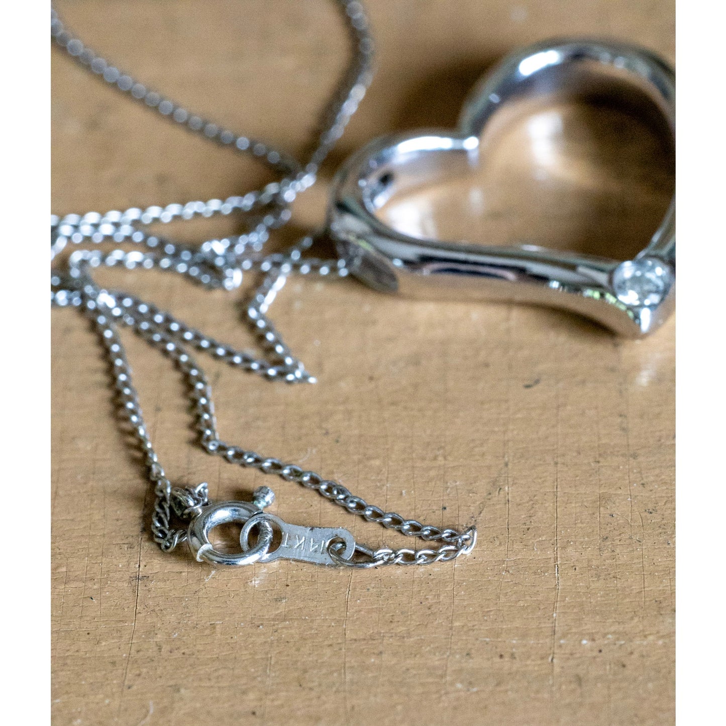 14K White Gold Open Heart Pendant with Natural Round Brilliant Cut Diamond on 14K Gold Chain